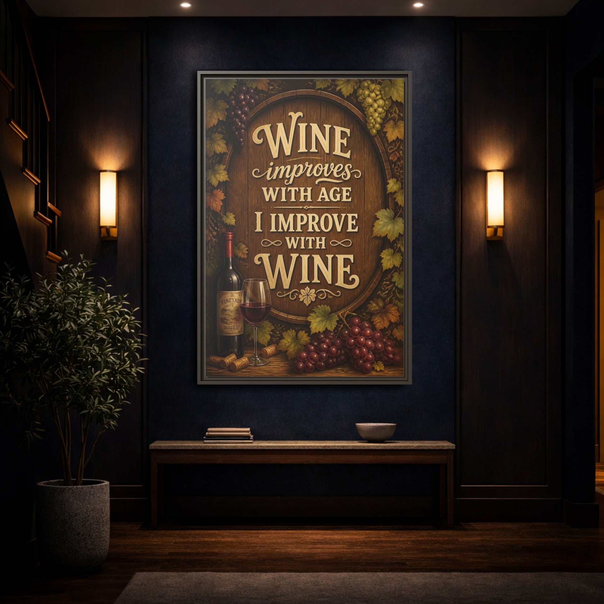 Mockup 4. Wine Quote Sign shown as framed canvas print