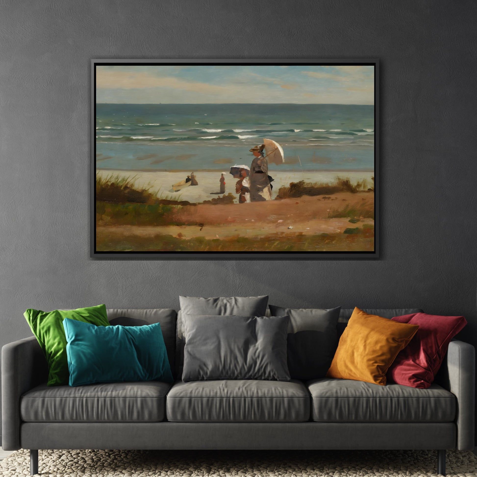 Winslow Homer On the Beach at Marshfield Canvas Print - Sea Landscape Wall Art in Frame for Living Room