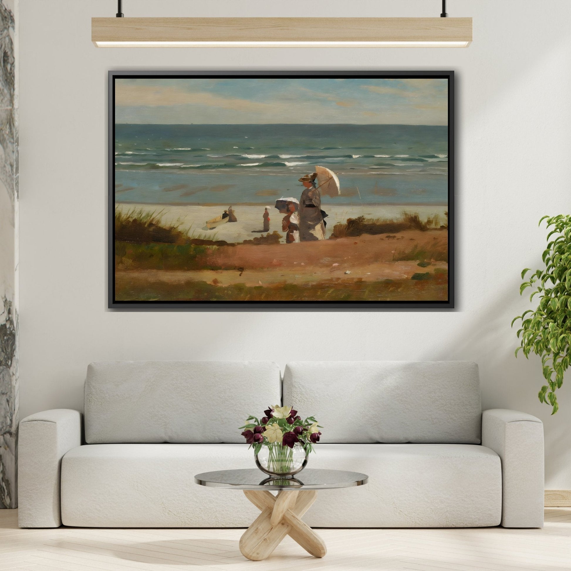 Winslow Homer On the Beach at Marshfield Canvas Print - Sea Landscape Wall Art in Frame for Living Room