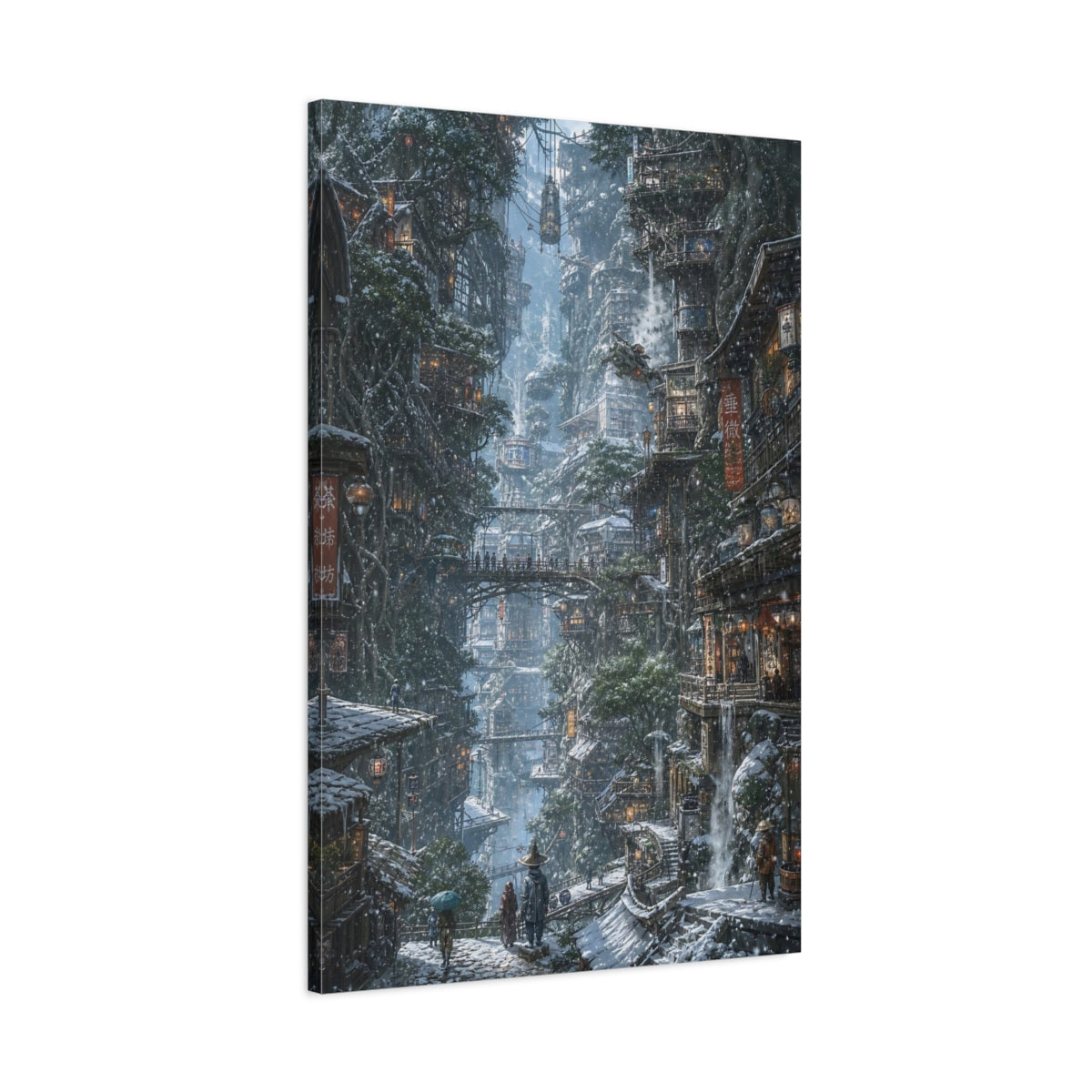 Main Mockup. Winter Cliffside Metropolis shown as canvas print