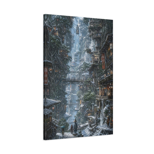 Main Mockup. Winter Cliffside Metropolis shown as canvas print