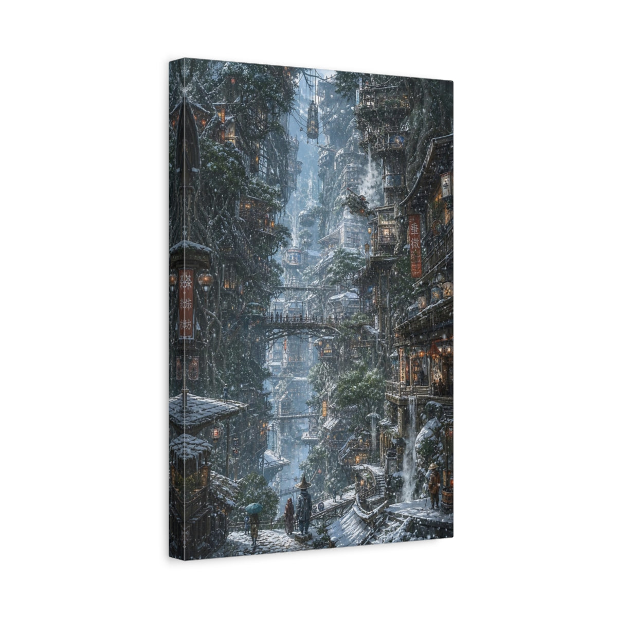 Side Mockup 4. Winter Cliffside Metropolis shown as canvas print