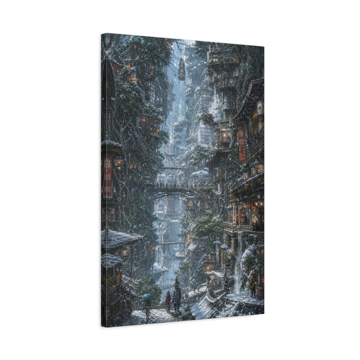 Side Mockup 2. Winter Cliffside Metropolis shown as canvas print