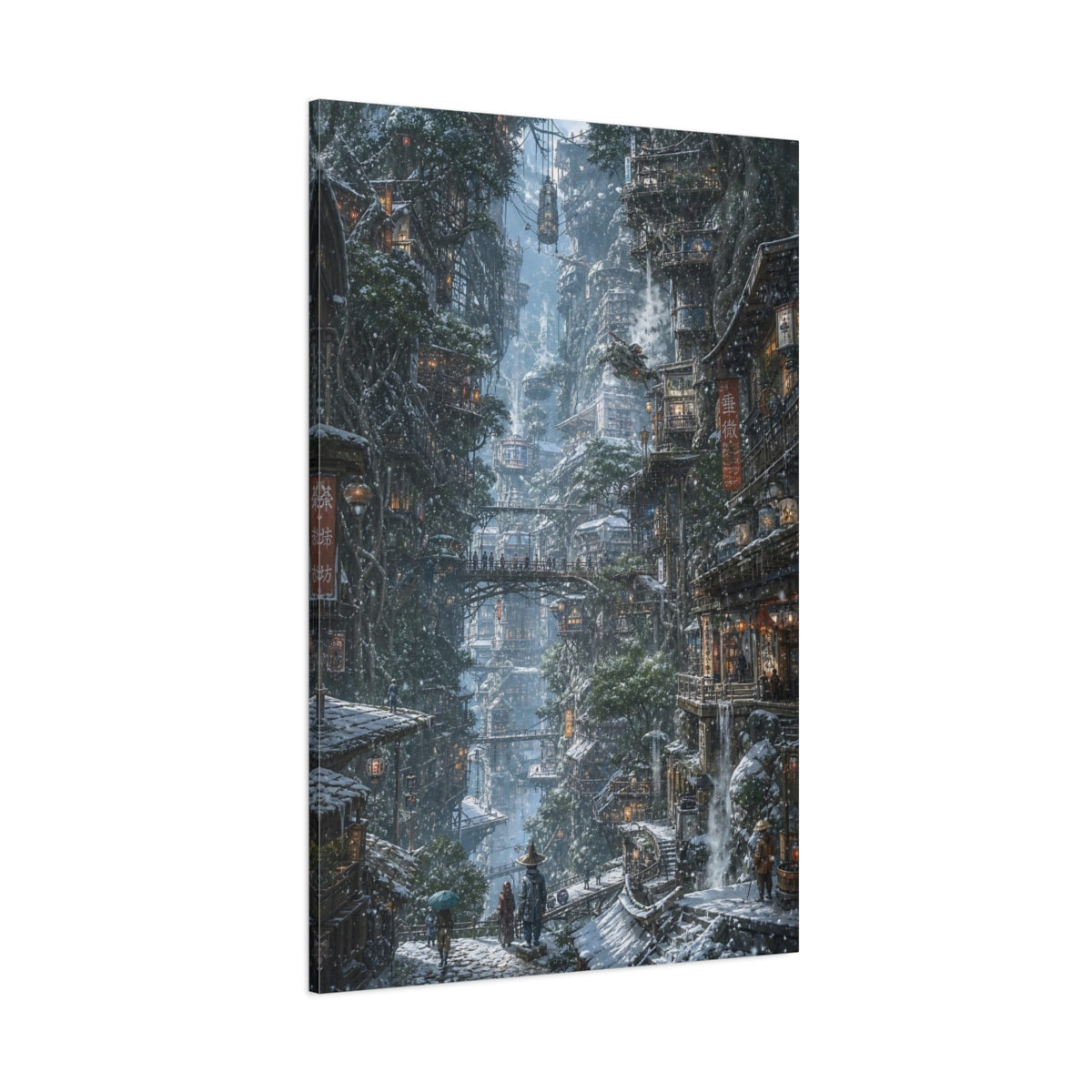 Side Mockup 1. Winter Cliffside Metropolis shown as canvas print