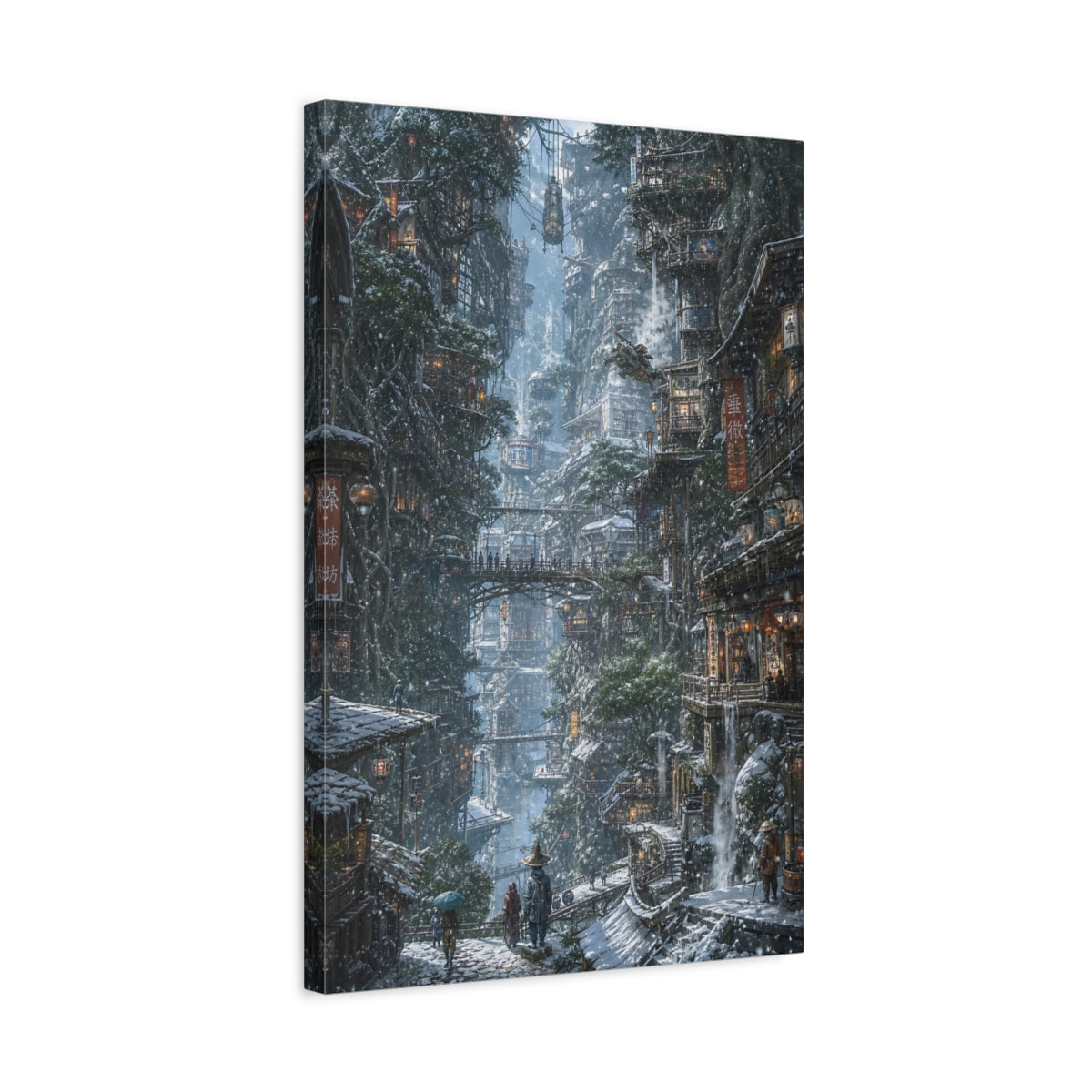Side Mockup 3. Winter Cliffside Metropolis shown as canvas print