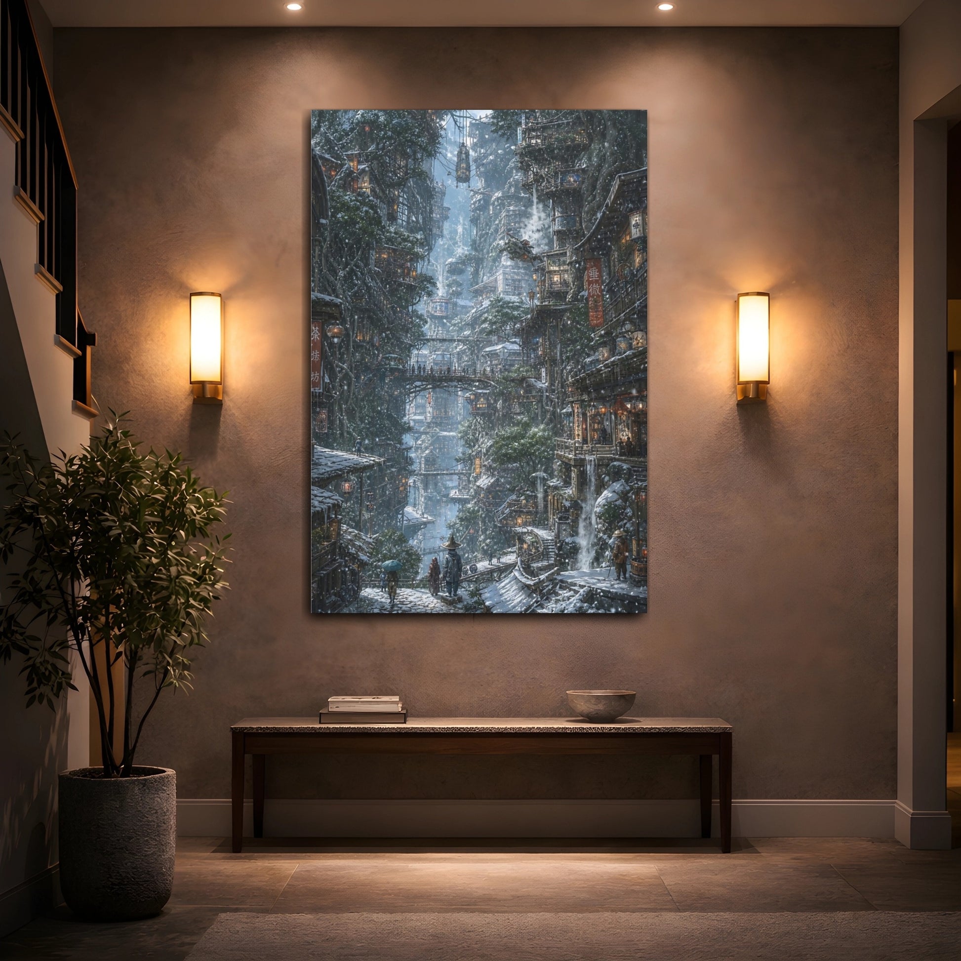 Mockup 2. Winter Cliffside Metropolis shown as canvas print