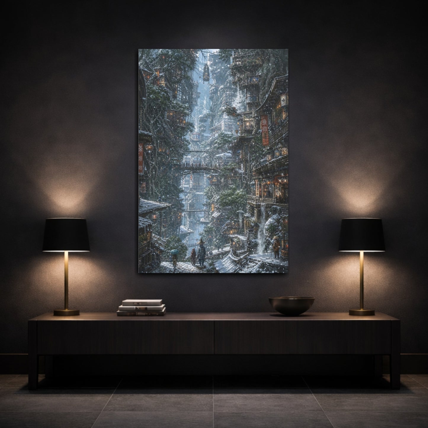 Mockup 3. Winter Cliffside Metropolis shown as canvas print