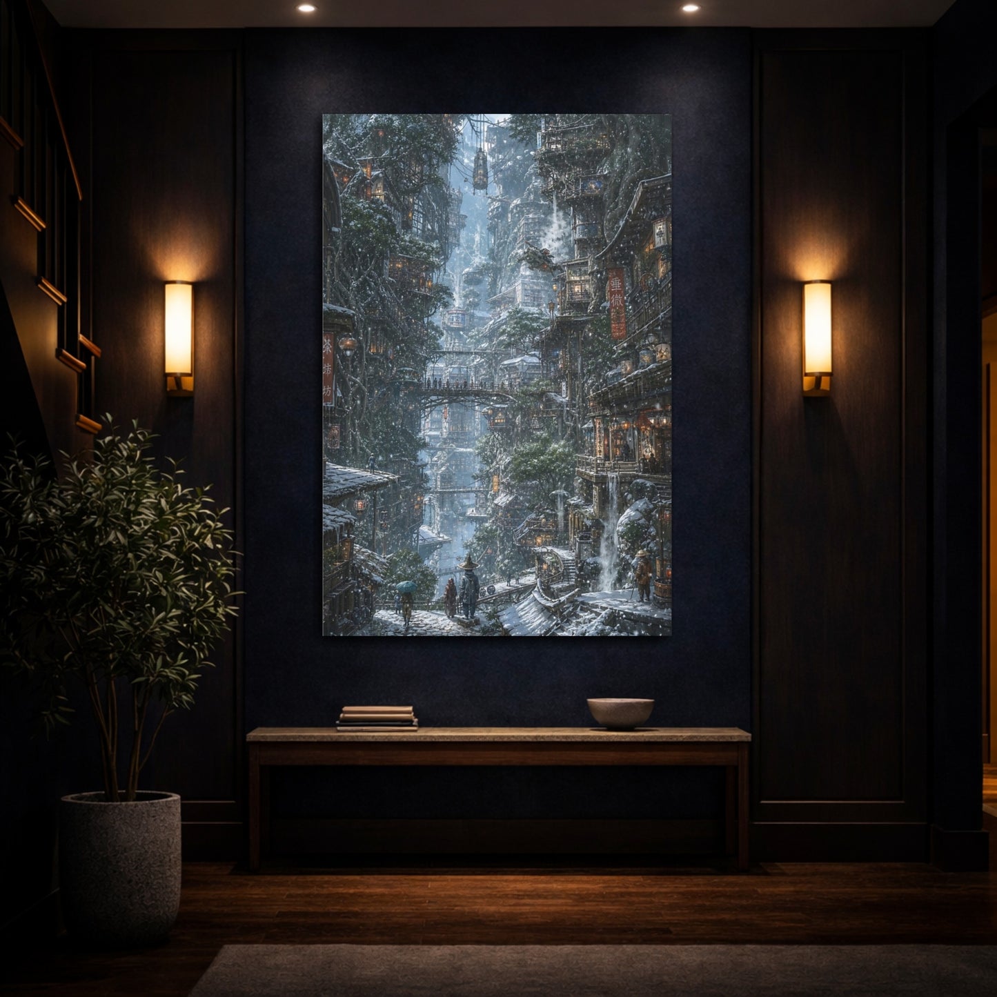 Mockup 4. Winter Cliffside Metropolis shown as canvas print