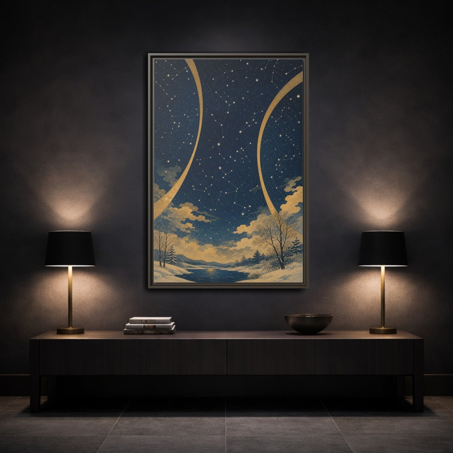 Mockup 3. Winter Constellation Map shown as framed canvas print