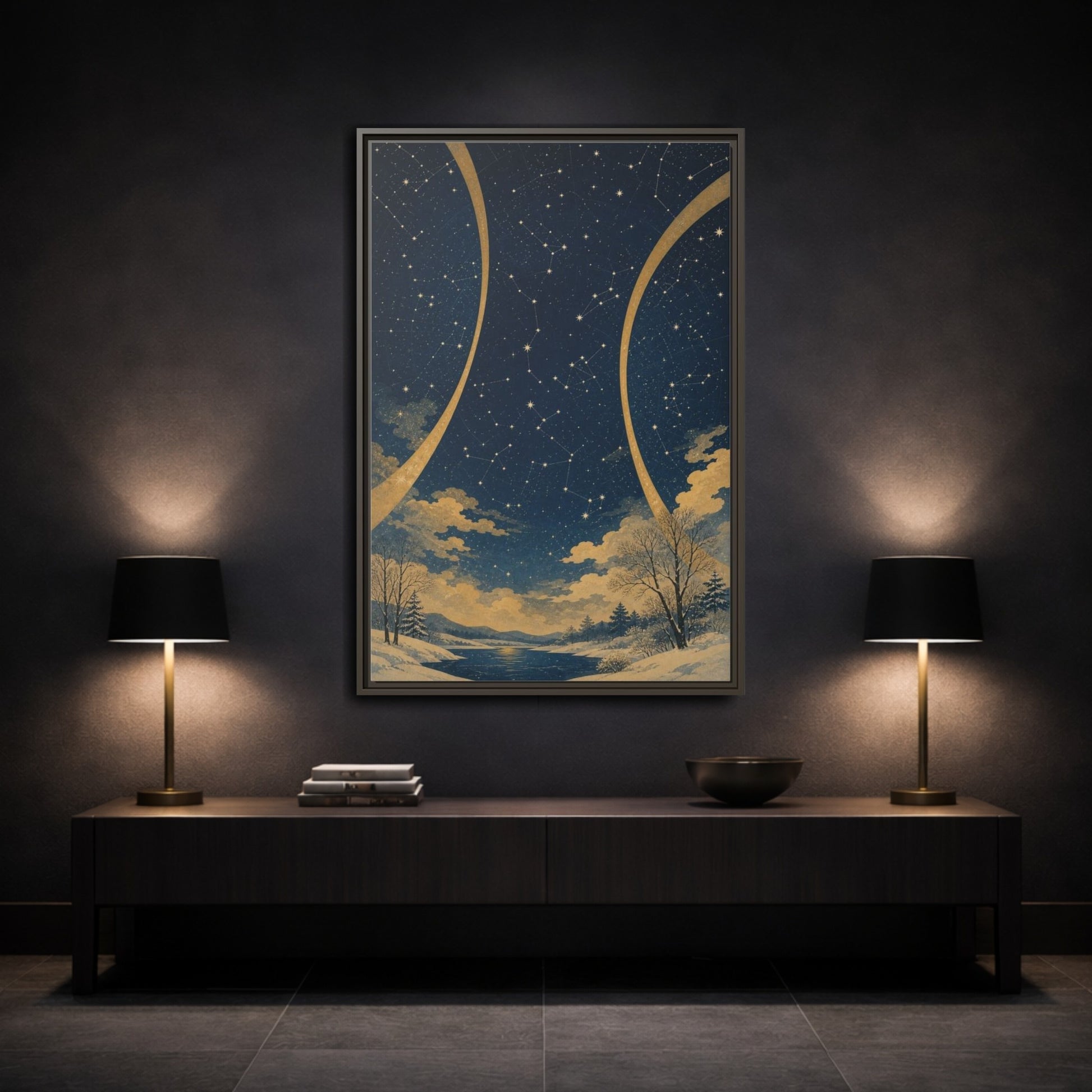 Mockup 3. Winter Constellation Map shown as framed canvas print