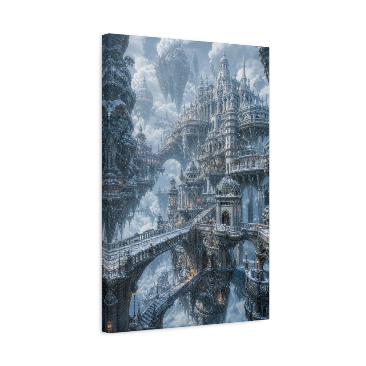 Side Mockup 3. Winter Floating City shown as canvas print