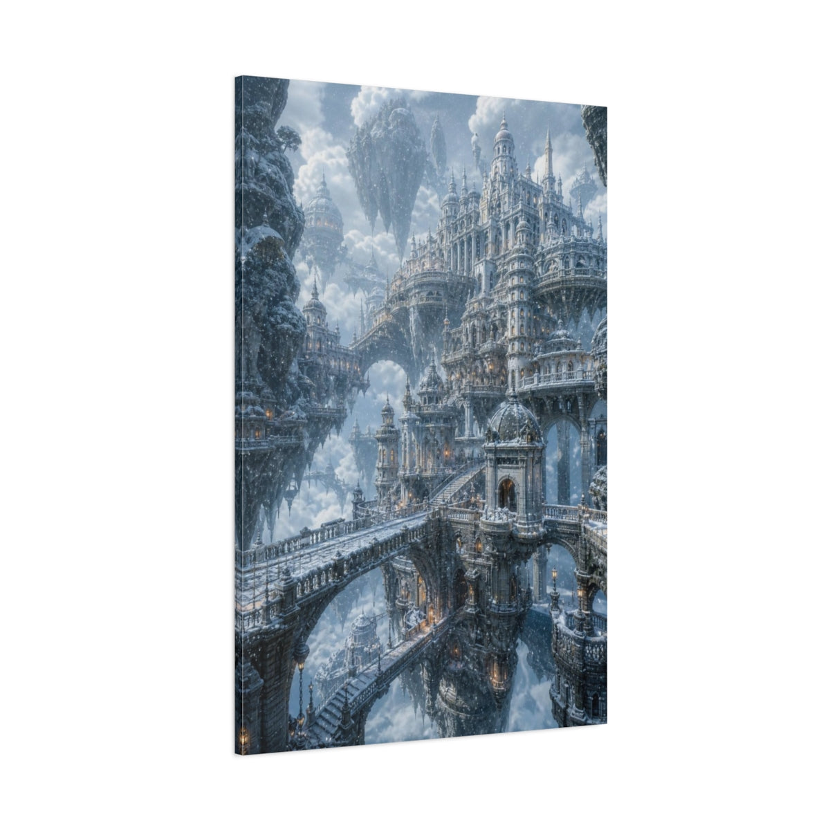 Side Mockup 1. Winter Floating City shown as canvas print