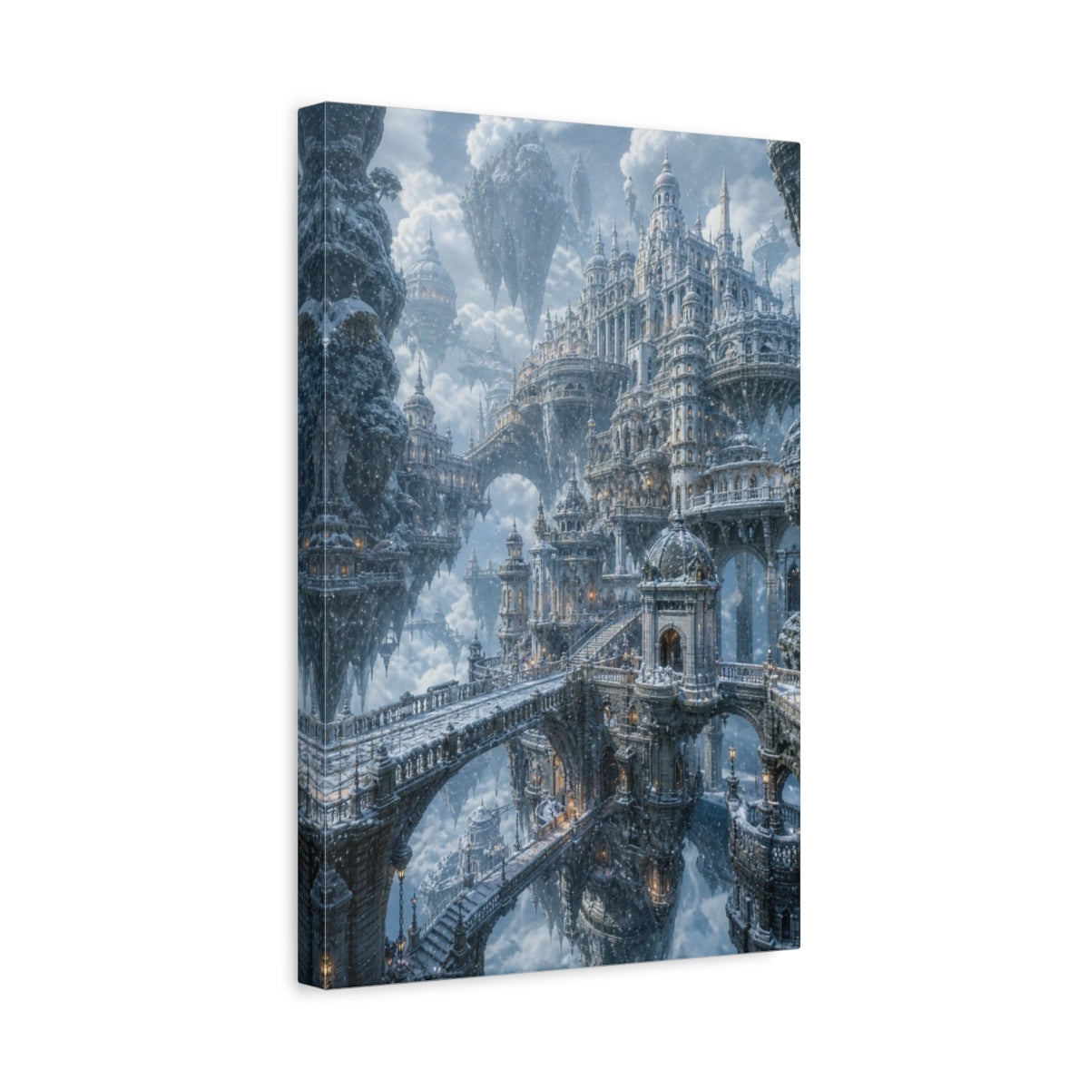 Side Mockup 4. Winter Floating City shown as canvas print