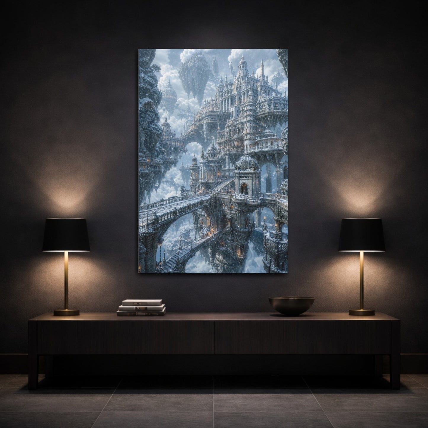 Mockup 3. Winter Floating City shown as canvas print