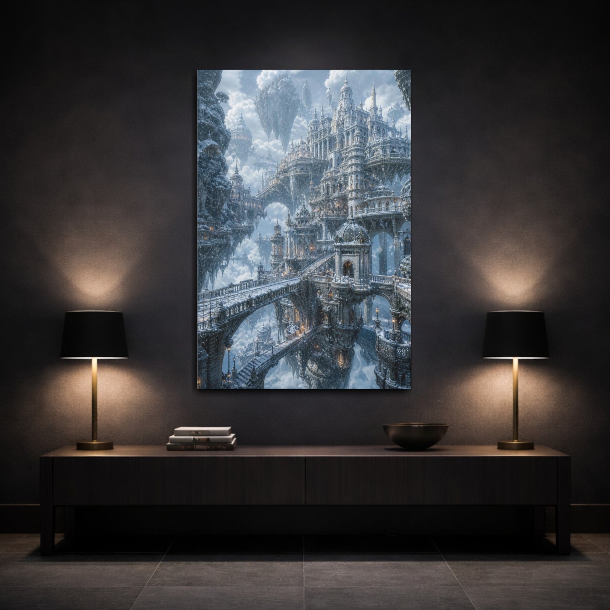 Mockup 3. Winter Floating City shown as canvas print