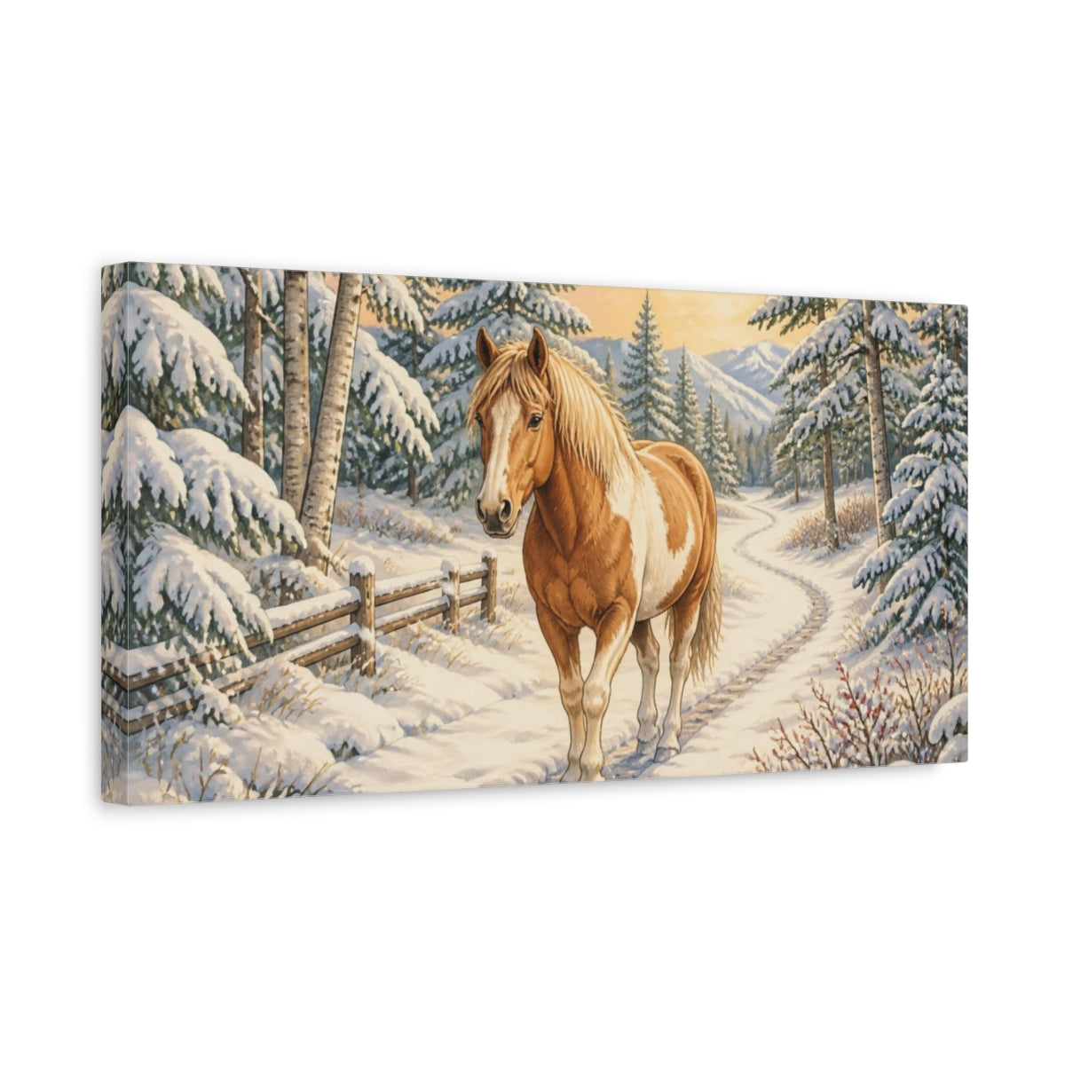Side Mockup 3. Winter Horse Animals shown as canvas print