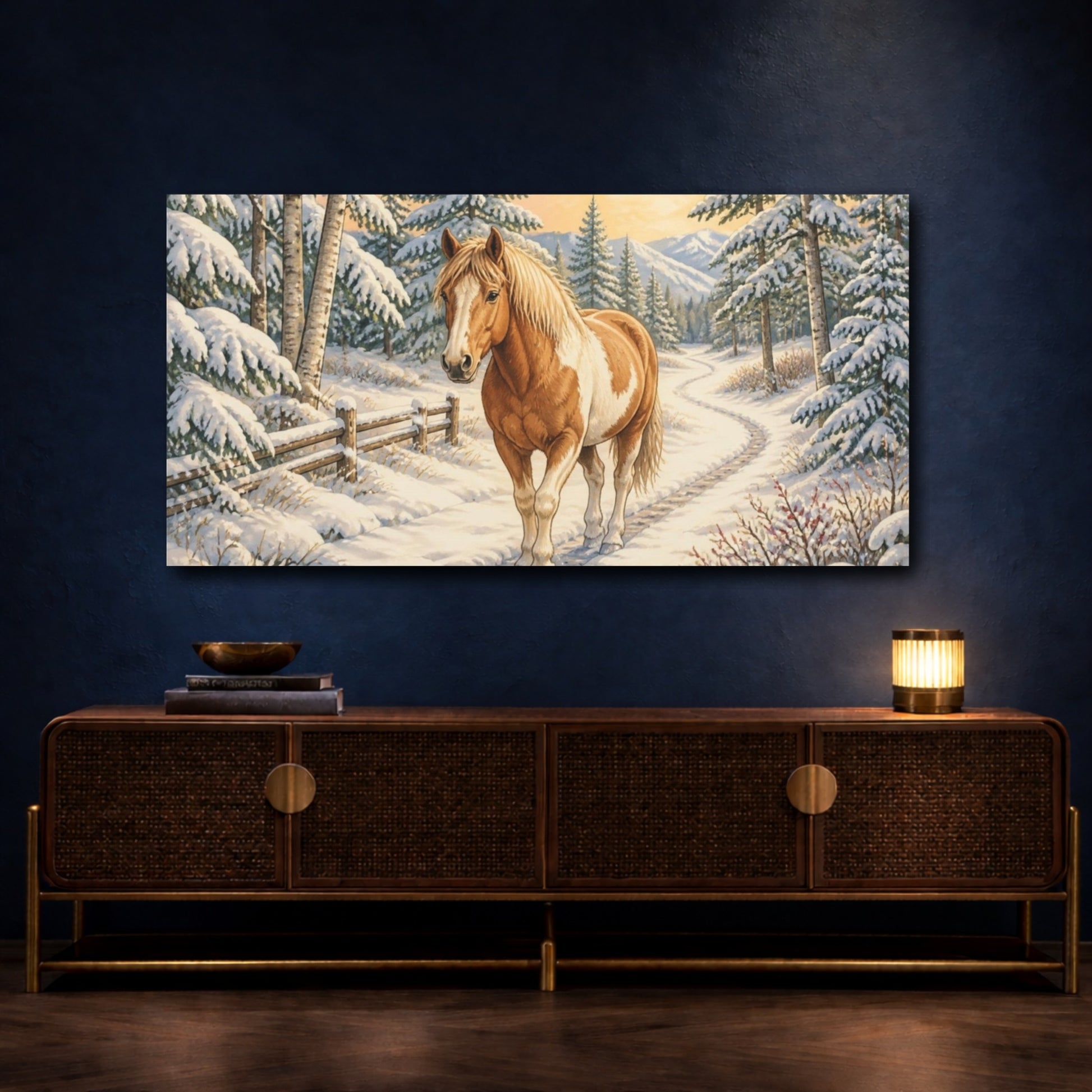 Mockup 4. Winter Horse Animals shown as canvas print
