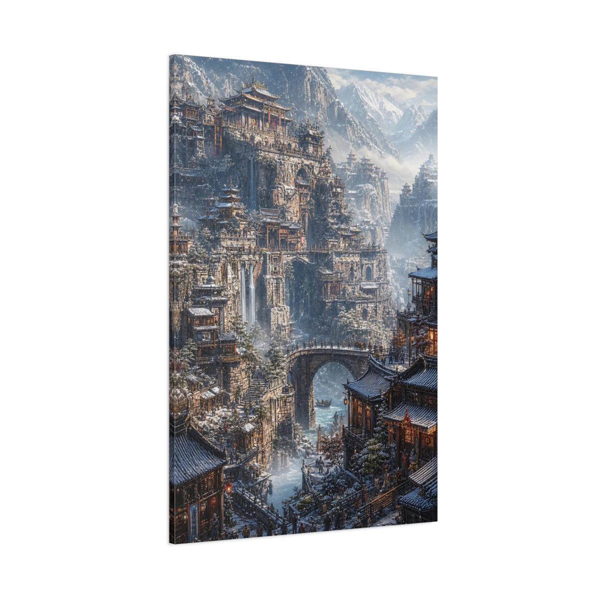 Side Mockup 1. Winter Mountain Citadel shown as canvas print