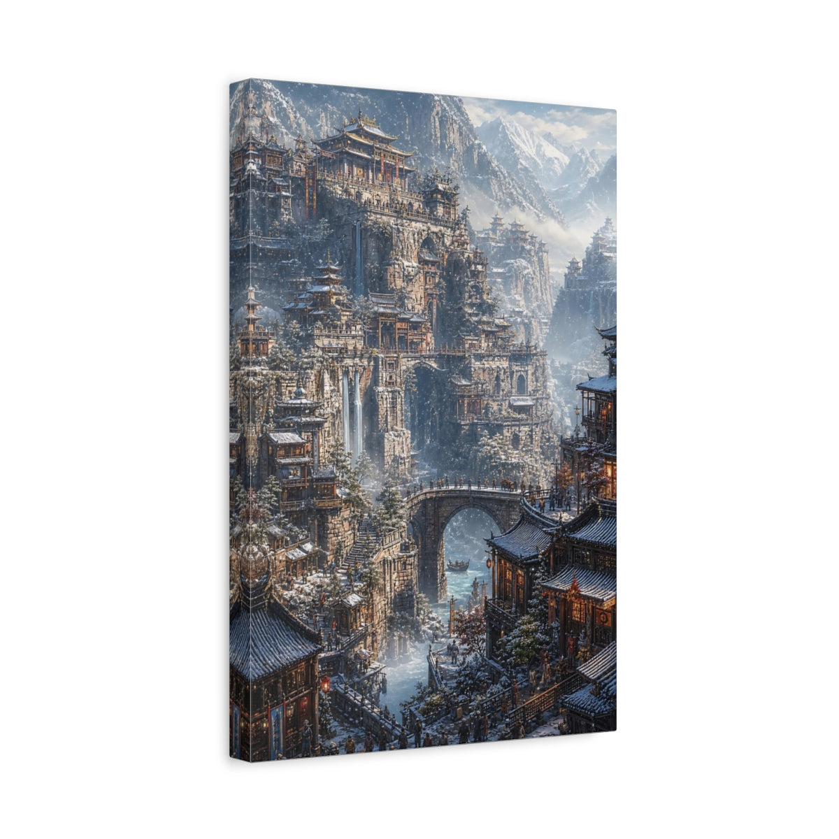 Side Mockup 4. Winter Mountain Citadel shown as canvas print
