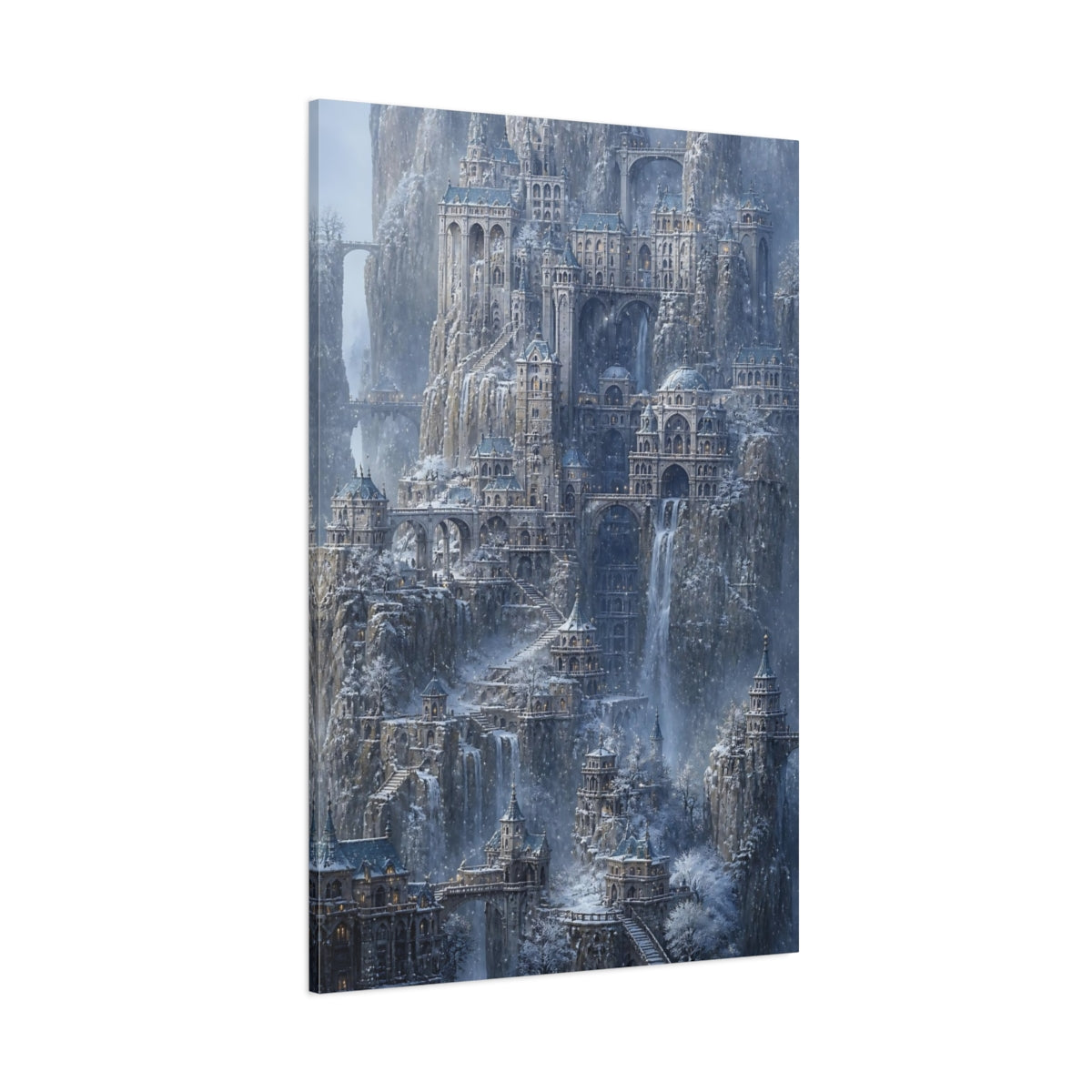 Side Mockup 1. Winter Mountain Citadel shown as canvas print