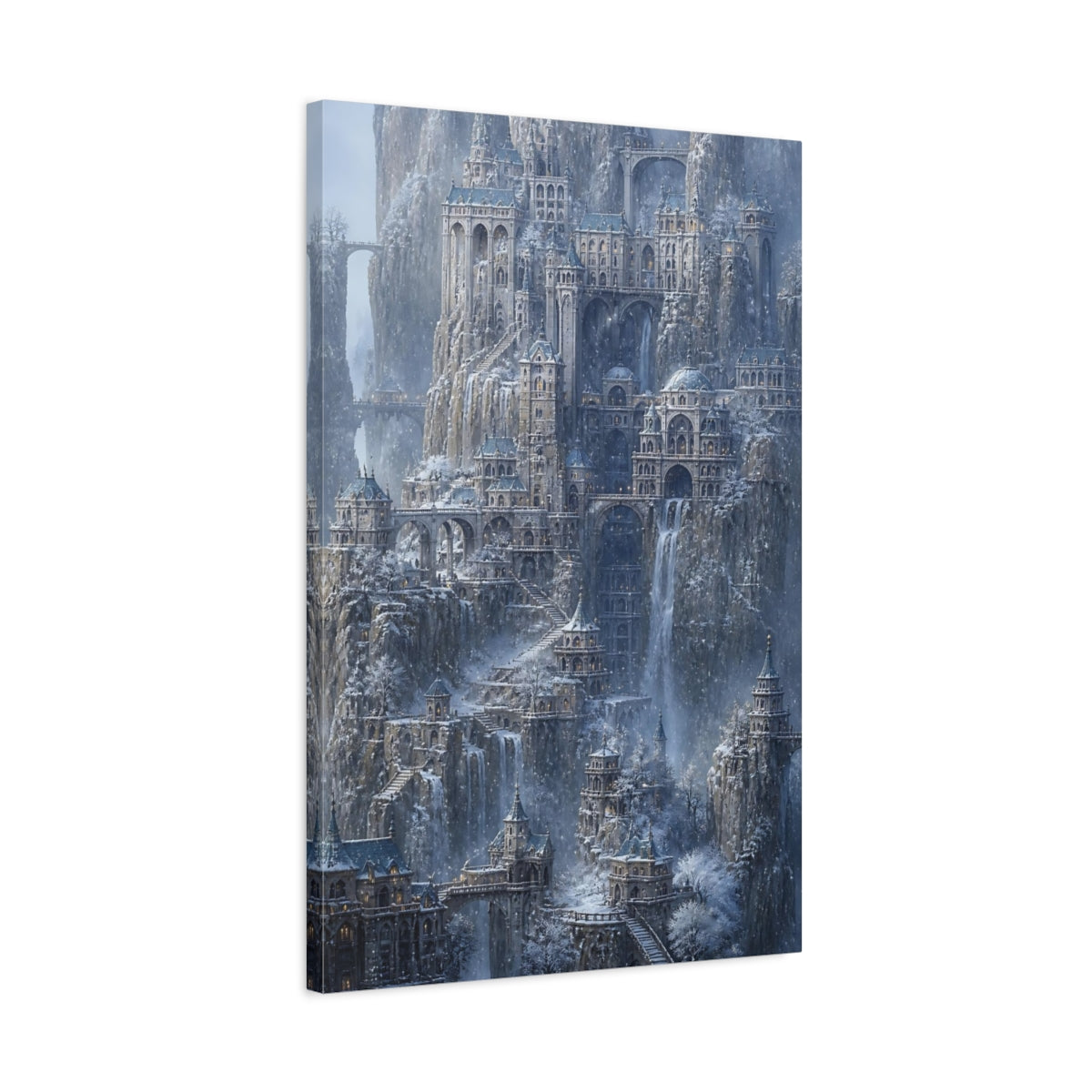 Side Mockup 2. Winter Mountain Citadel shown as canvas print