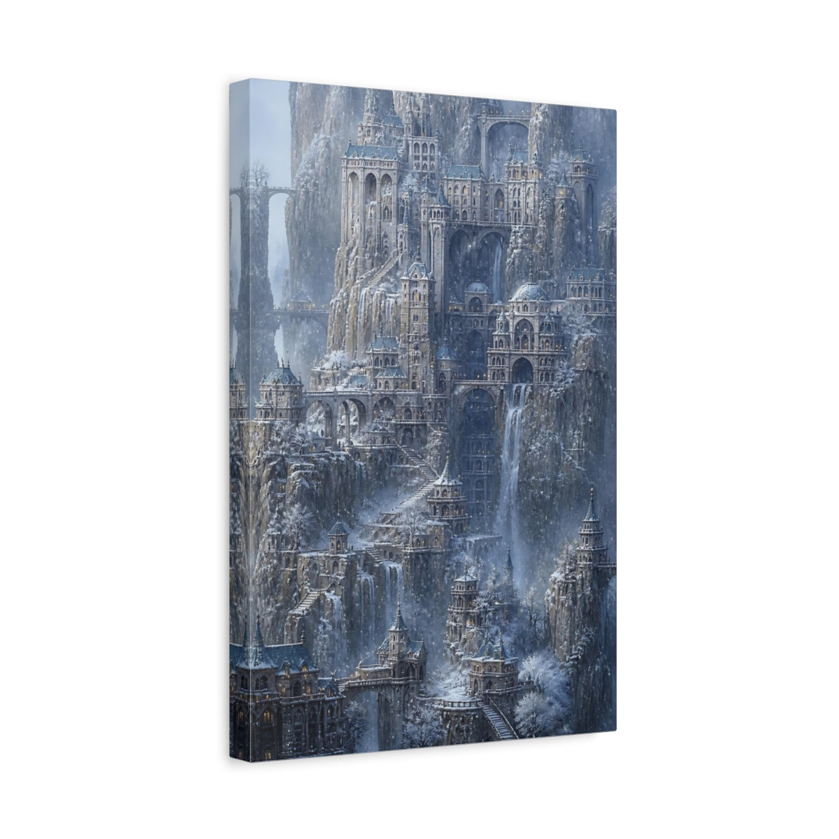 Side Mockup 4. Winter Mountain Citadel shown as canvas print