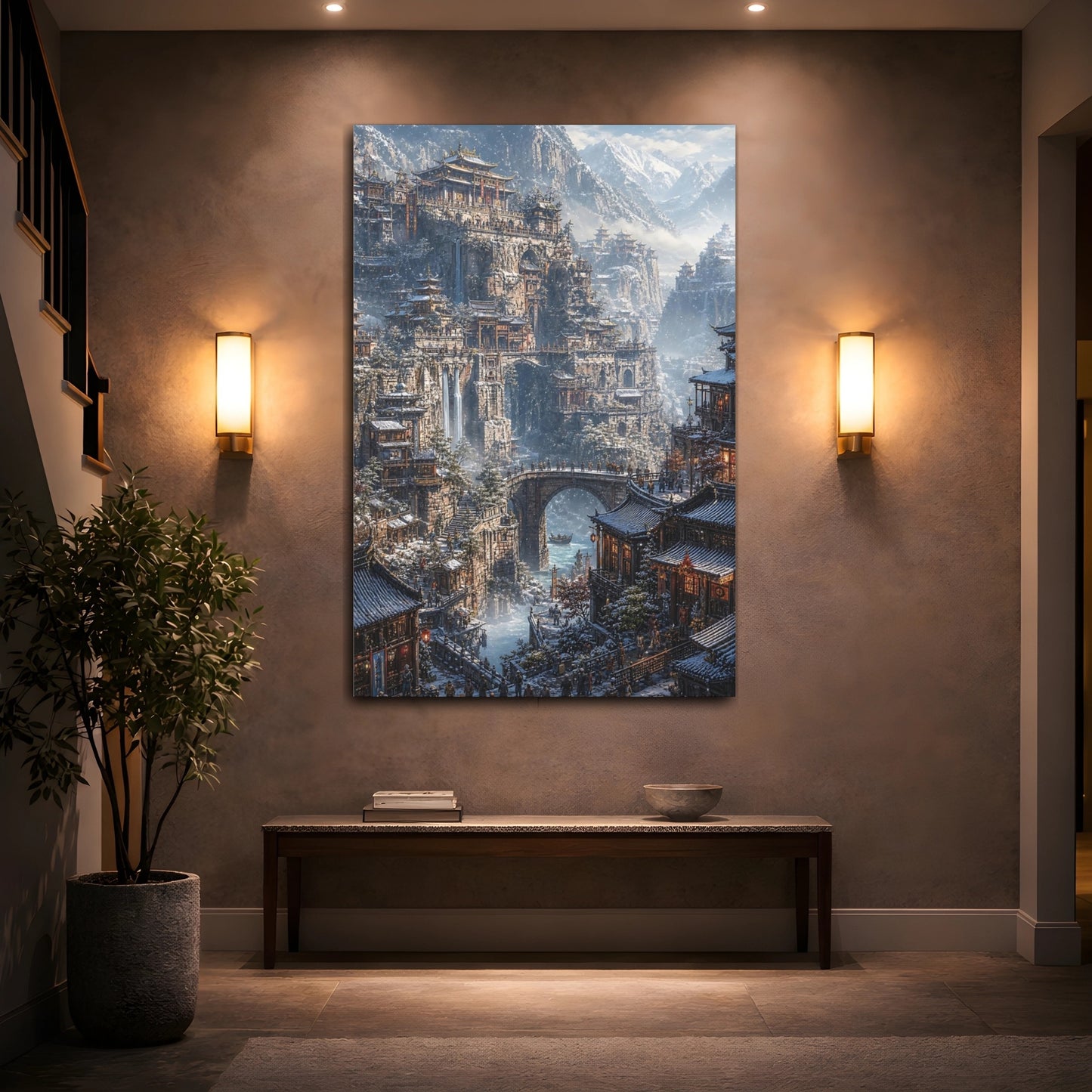 Mockup 2. Winter Mountain Citadel shown as canvas print