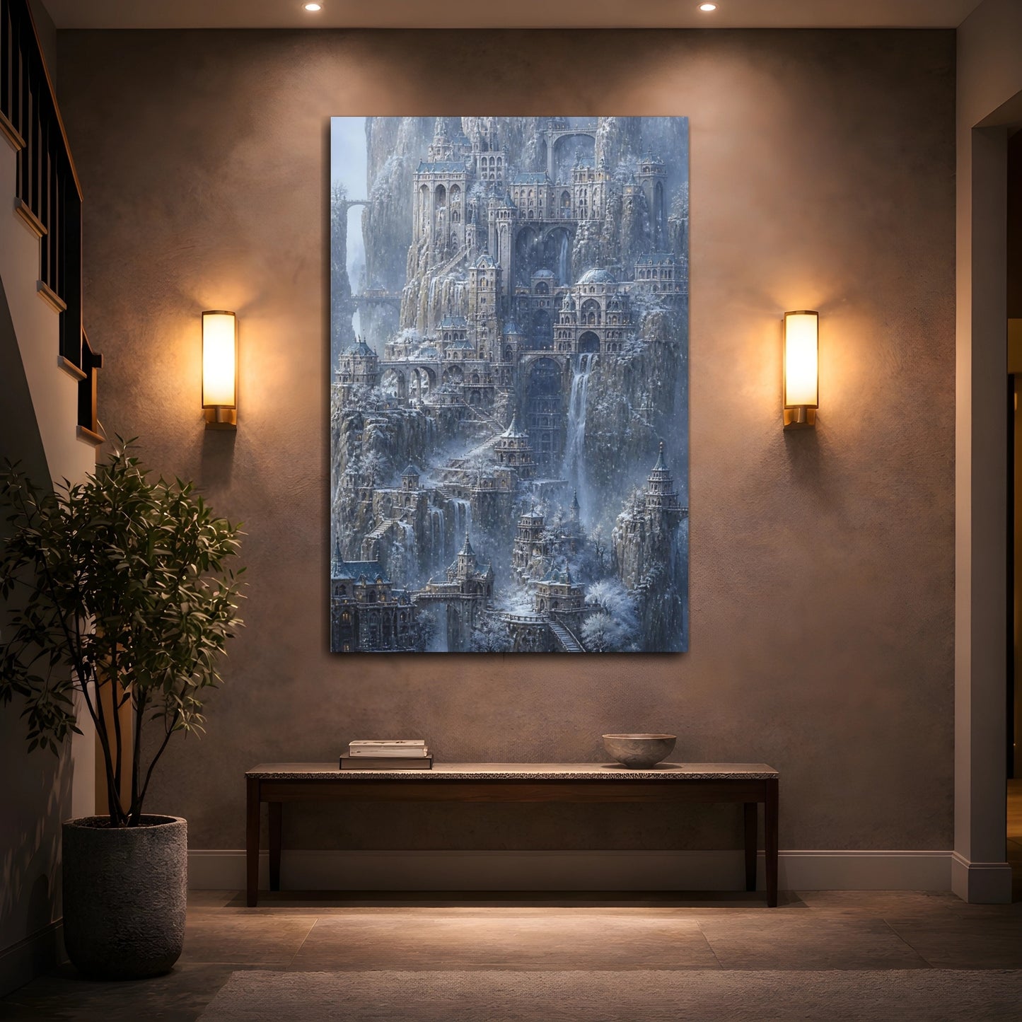 Mockup 2. Winter Mountain Citadel shown as canvas print