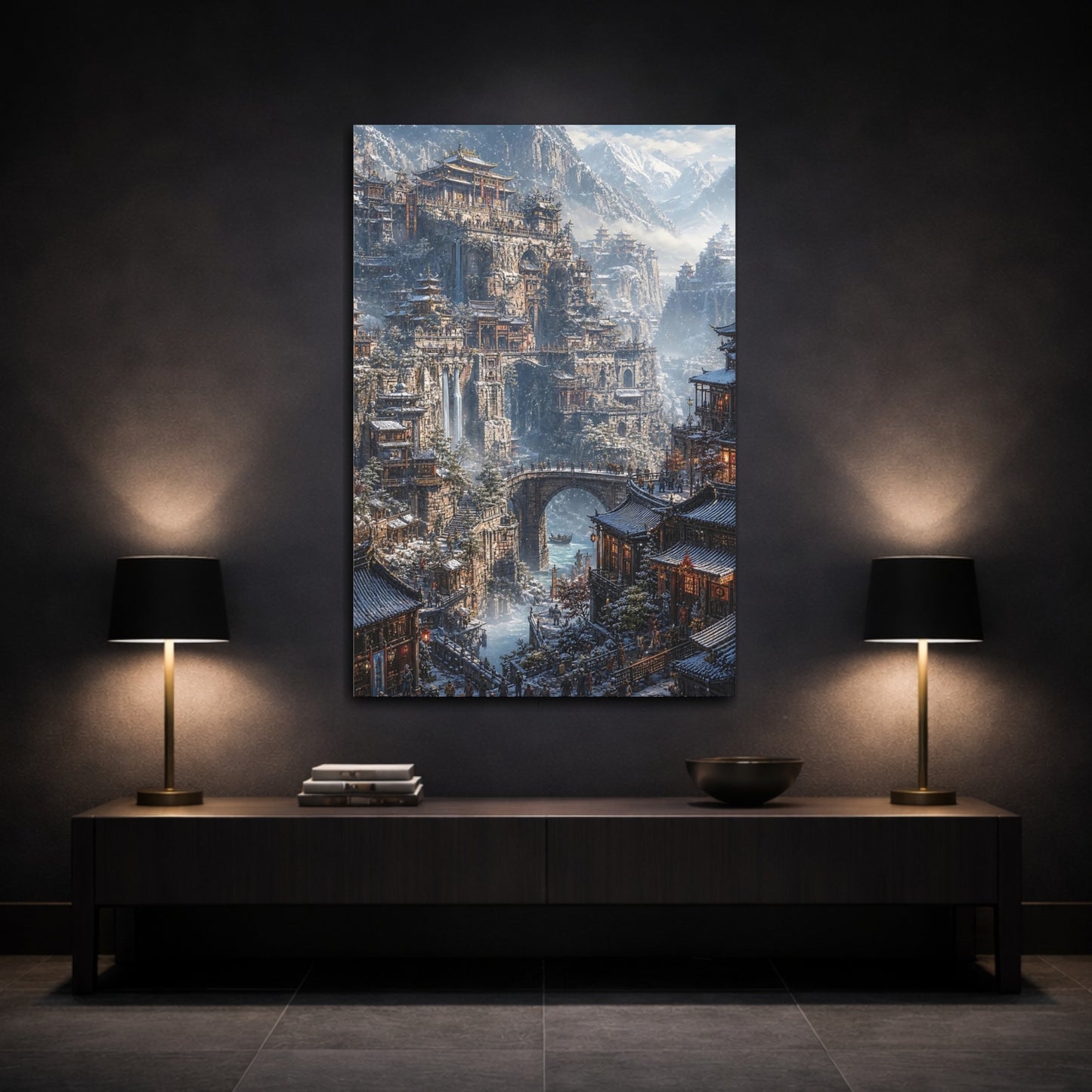 Mockup 3. Winter Mountain Citadel shown as canvas print
