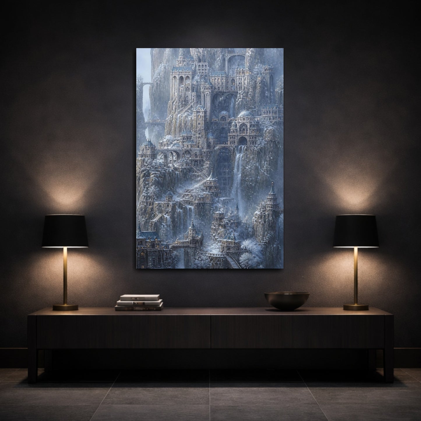 Mockup 3. Winter Mountain Citadel shown as canvas print