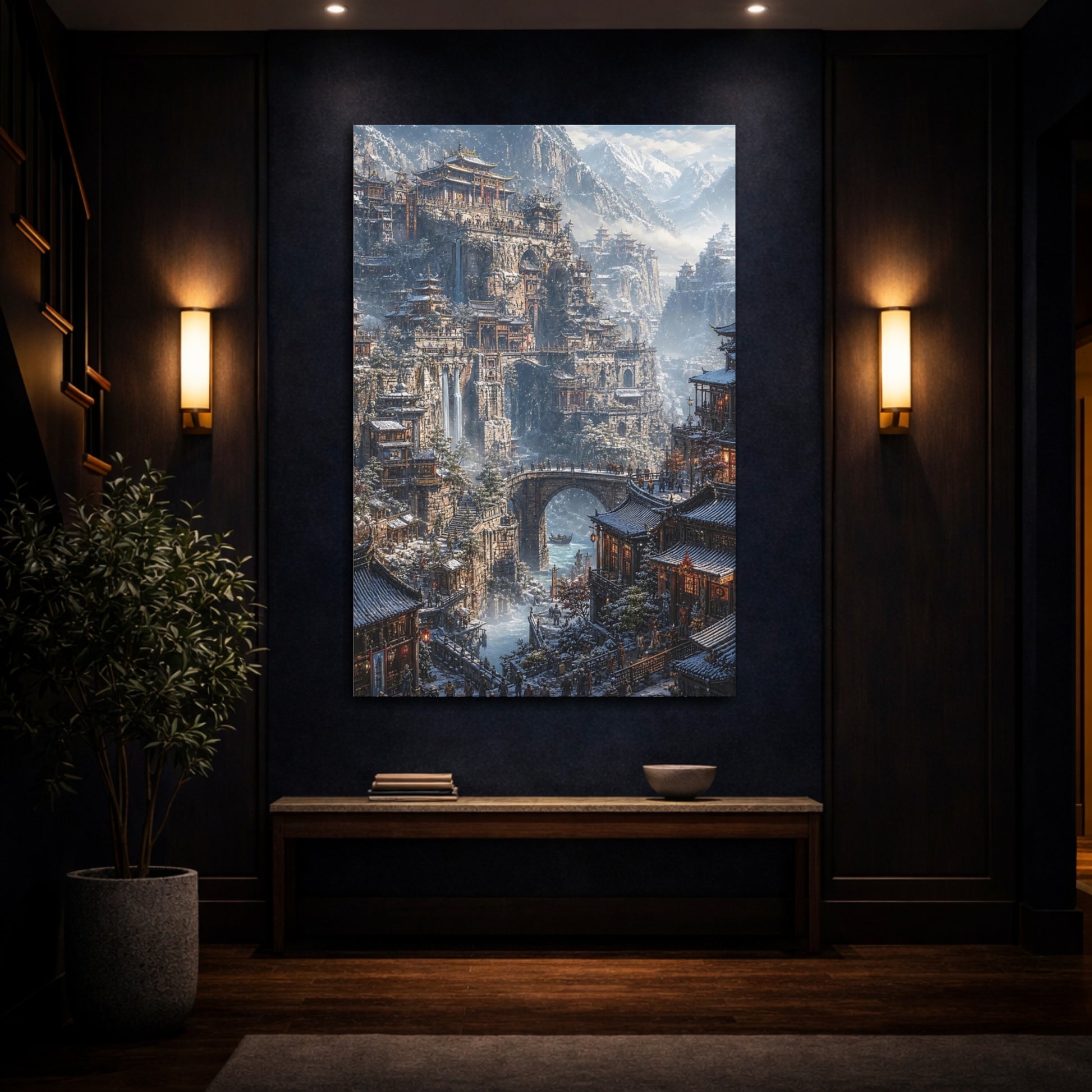 Mockup 4. Winter Mountain Citadel shown as canvas print
