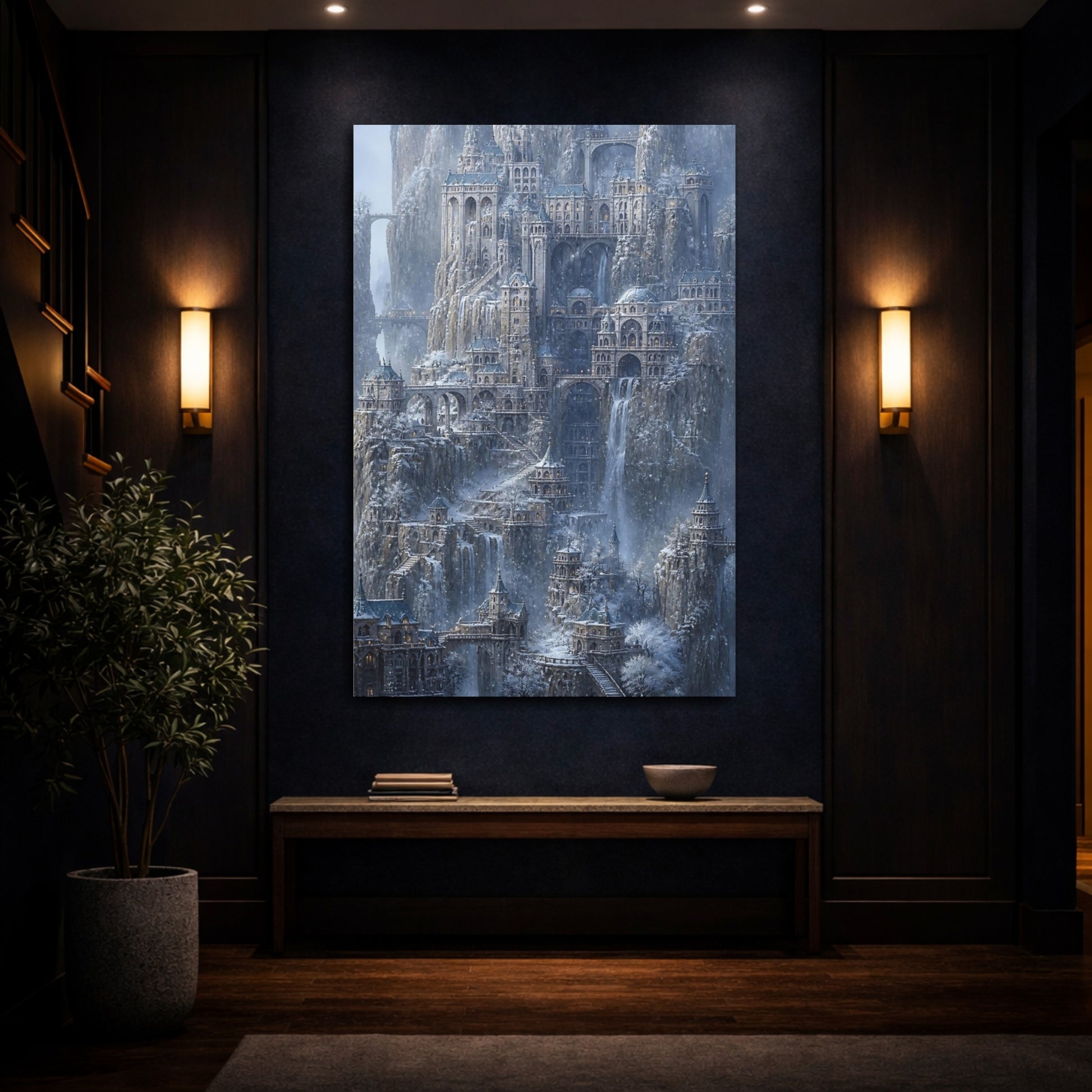 Mockup 4. Winter Mountain Citadel shown as canvas print