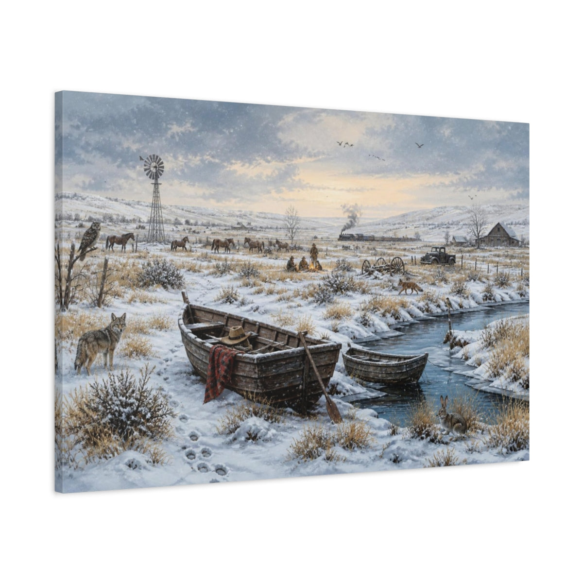 Main Mockup. Winter Rowboats On Prairie shown as canvas print