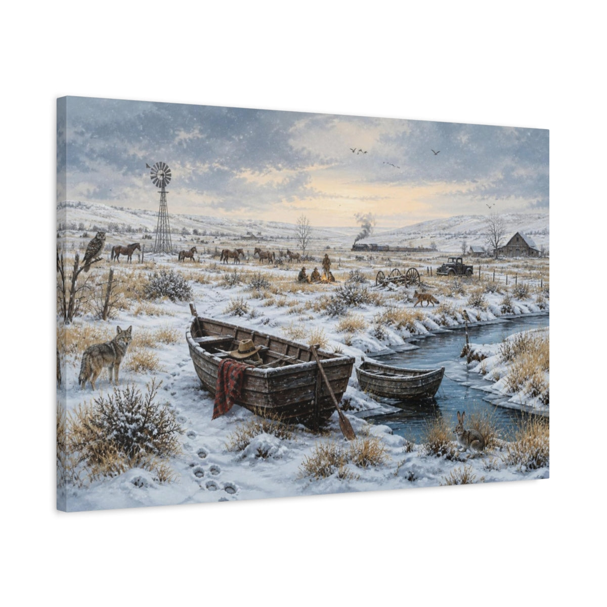 Side Mockup 2. Winter Rowboats On Prairie shown as canvas print