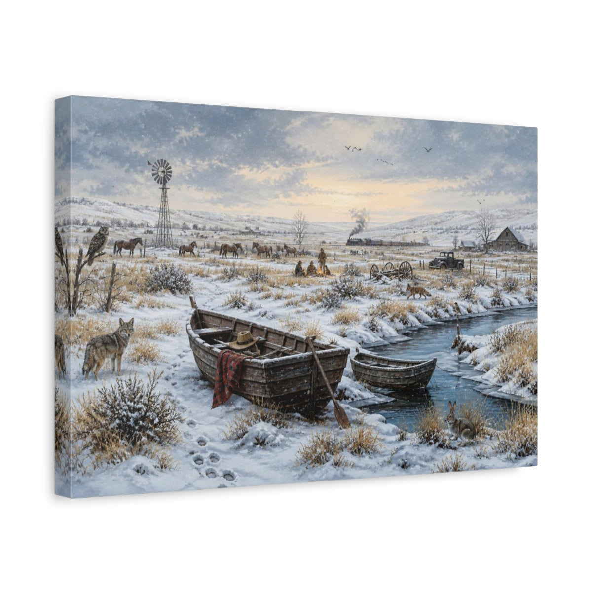 Side Mockup 4. Winter Rowboats On Prairie shown as canvas print