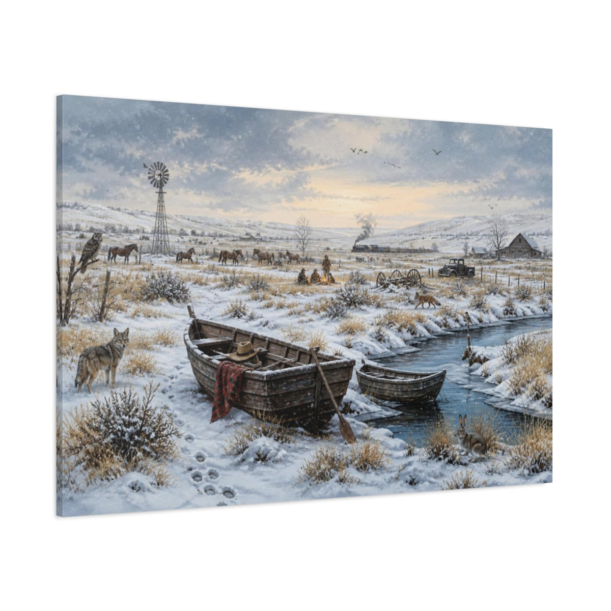 Side Mockup 1. Winter Rowboats On Prairie shown as canvas print