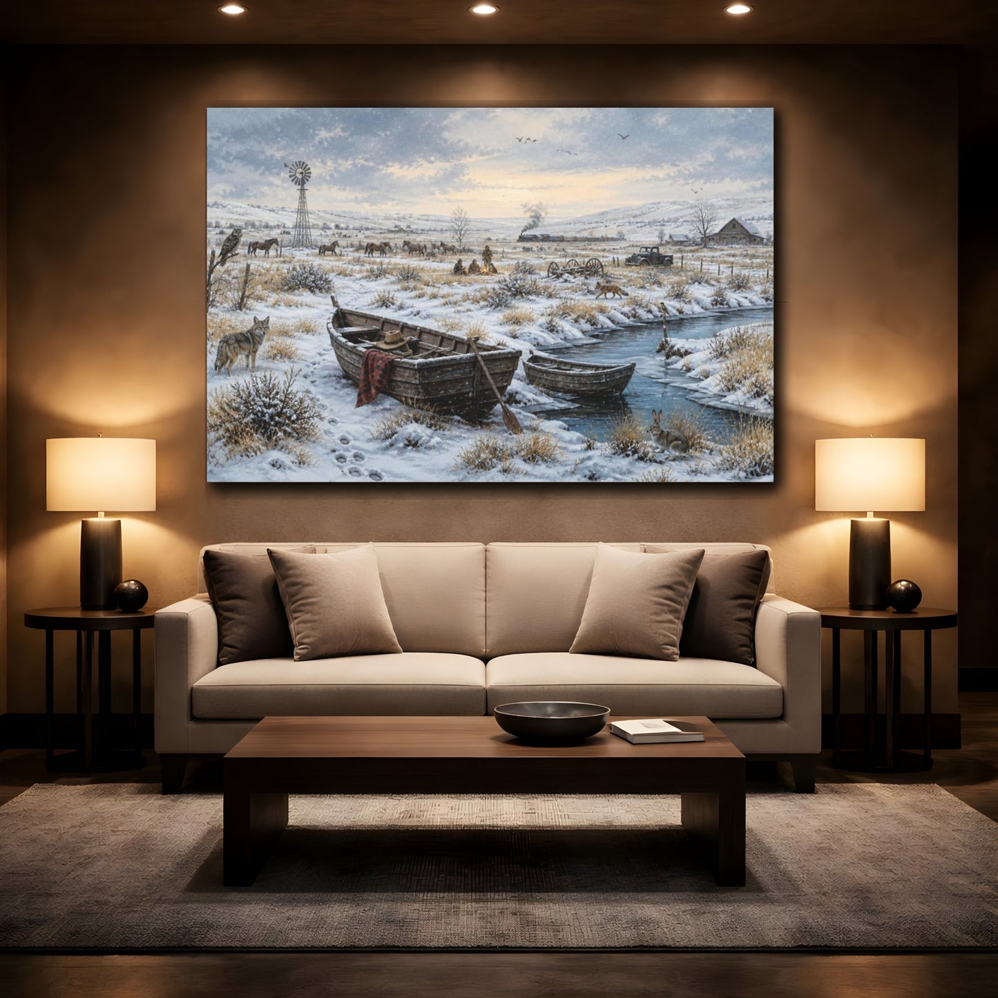 Mockup 2. Winter Rowboats On Prairie shown as canvas print