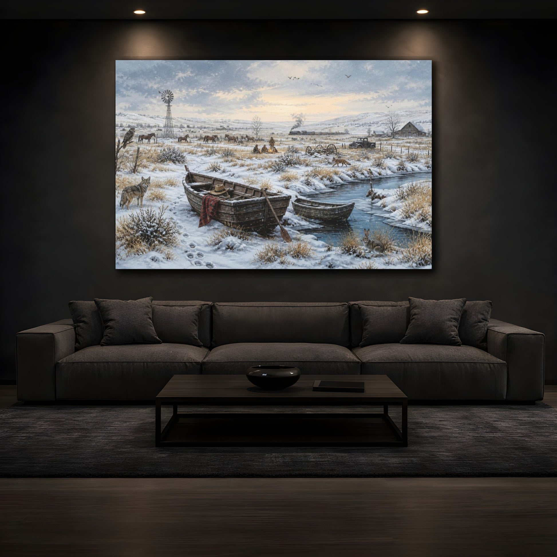 Mockup 3. Winter Rowboats On Prairie shown as canvas print