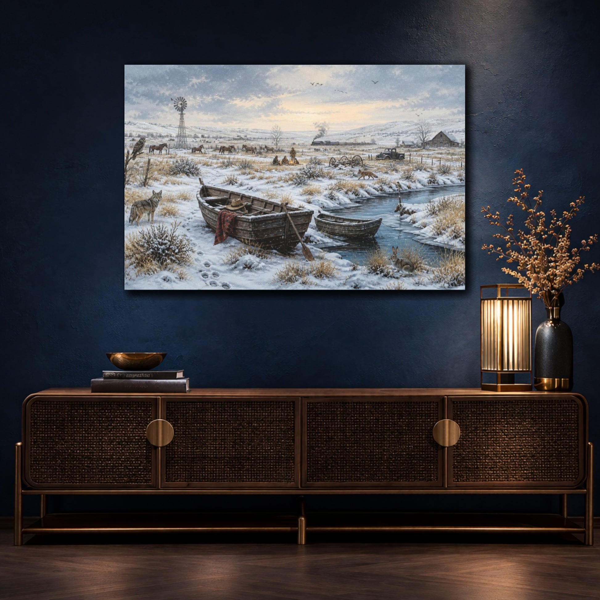 Mockup 4. Winter Rowboats On Prairie shown as canvas print