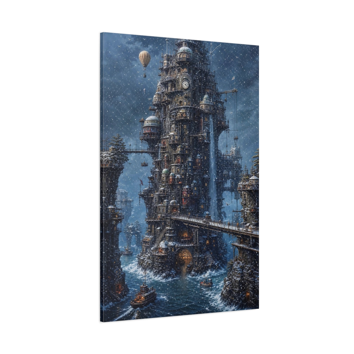 Side Mockup 1. Winter Tower City shown as canvas print