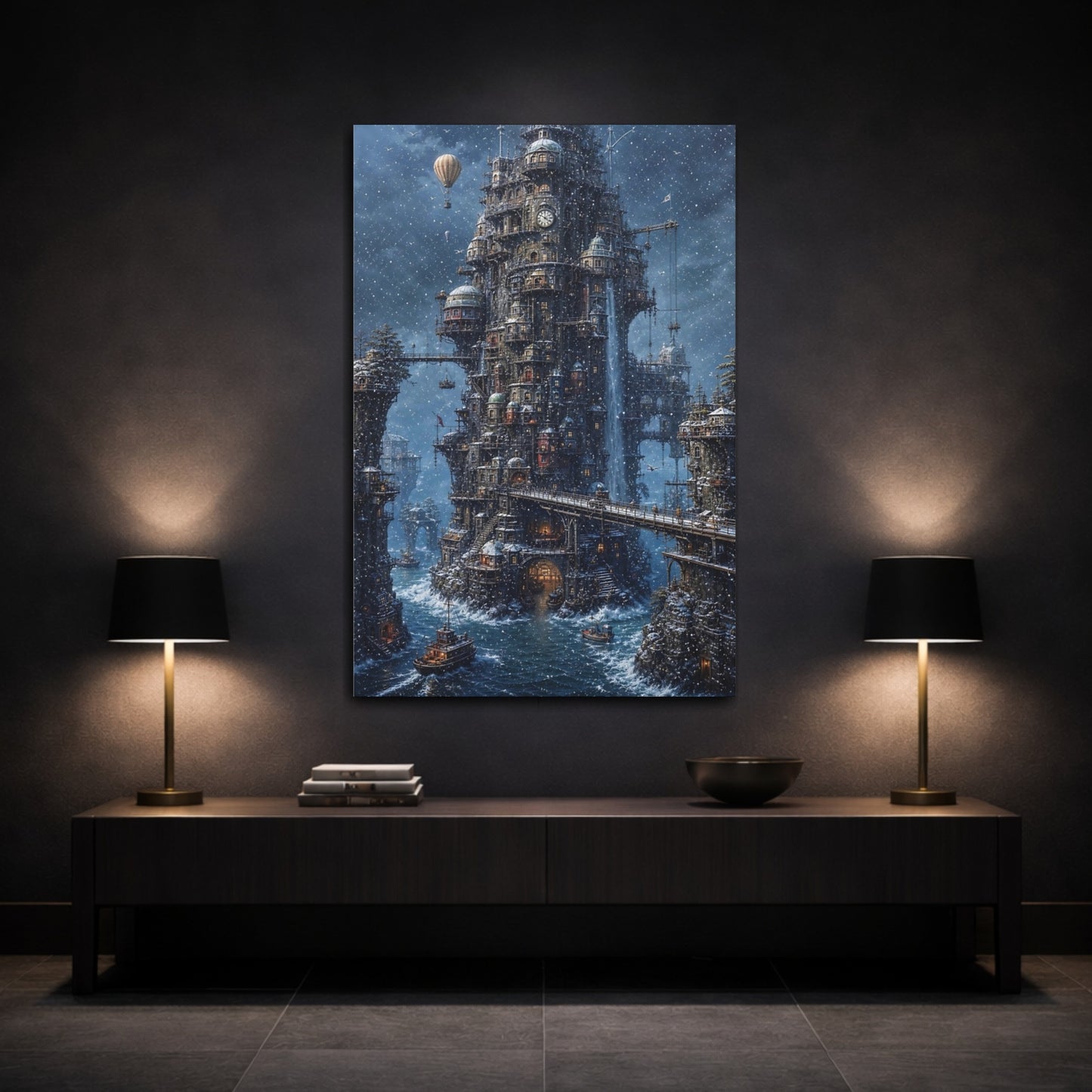Mockup 3. Winter Tower City shown as canvas print