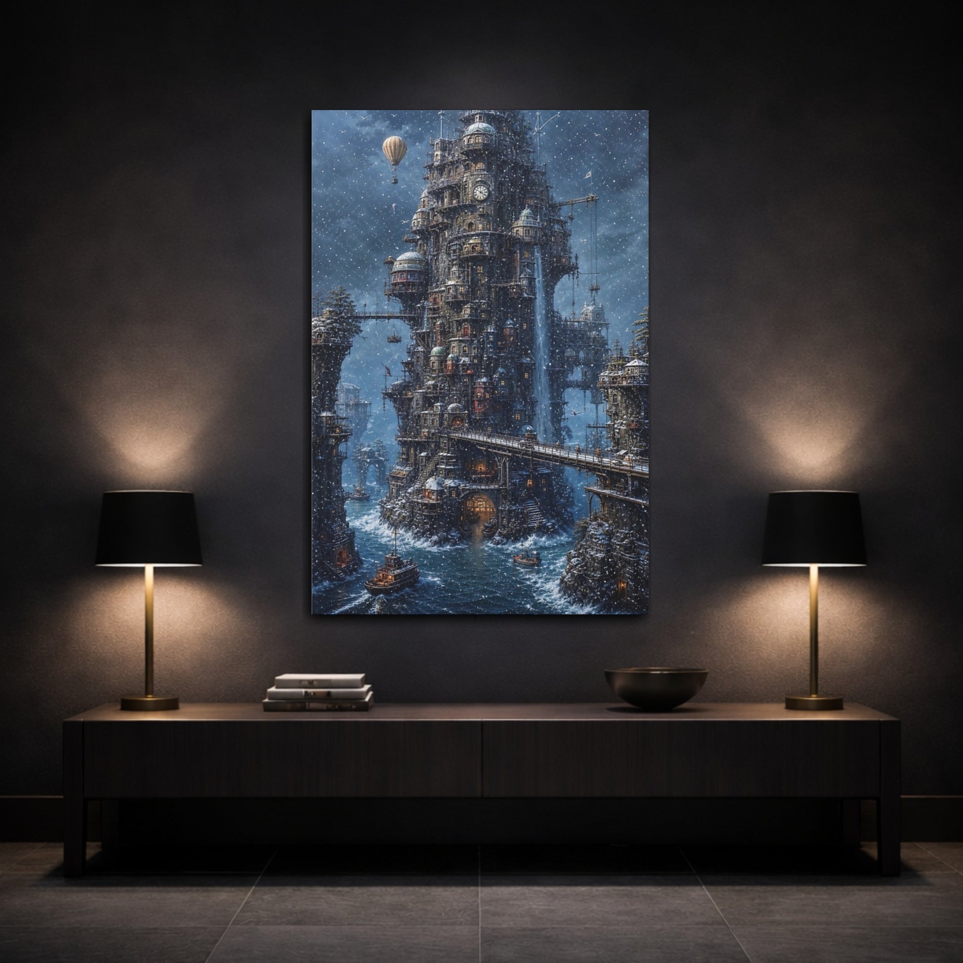 Mockup 3. Winter Tower City shown as canvas print