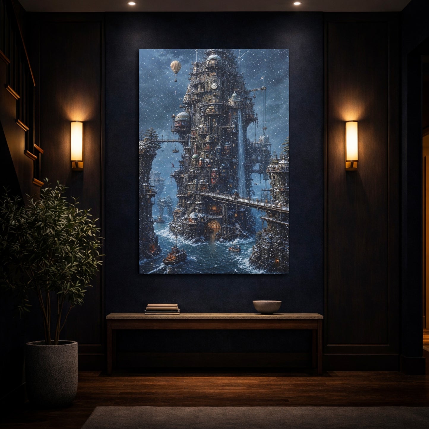 Mockup 4. Winter Tower City shown as canvas print