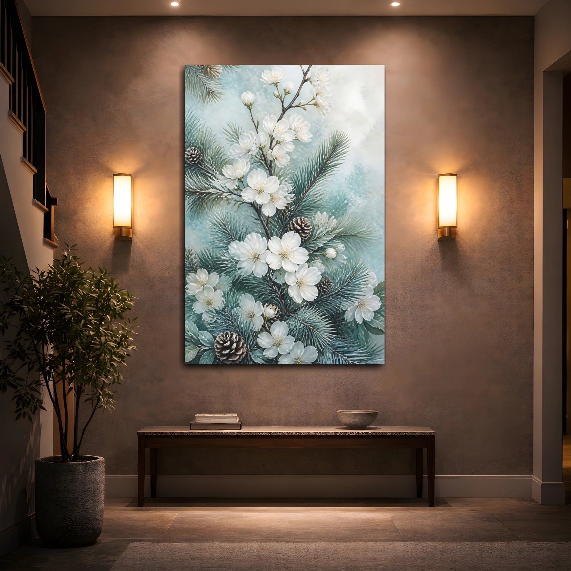 Mockup 2. Winter White Flowers & Pine shown as canvas print