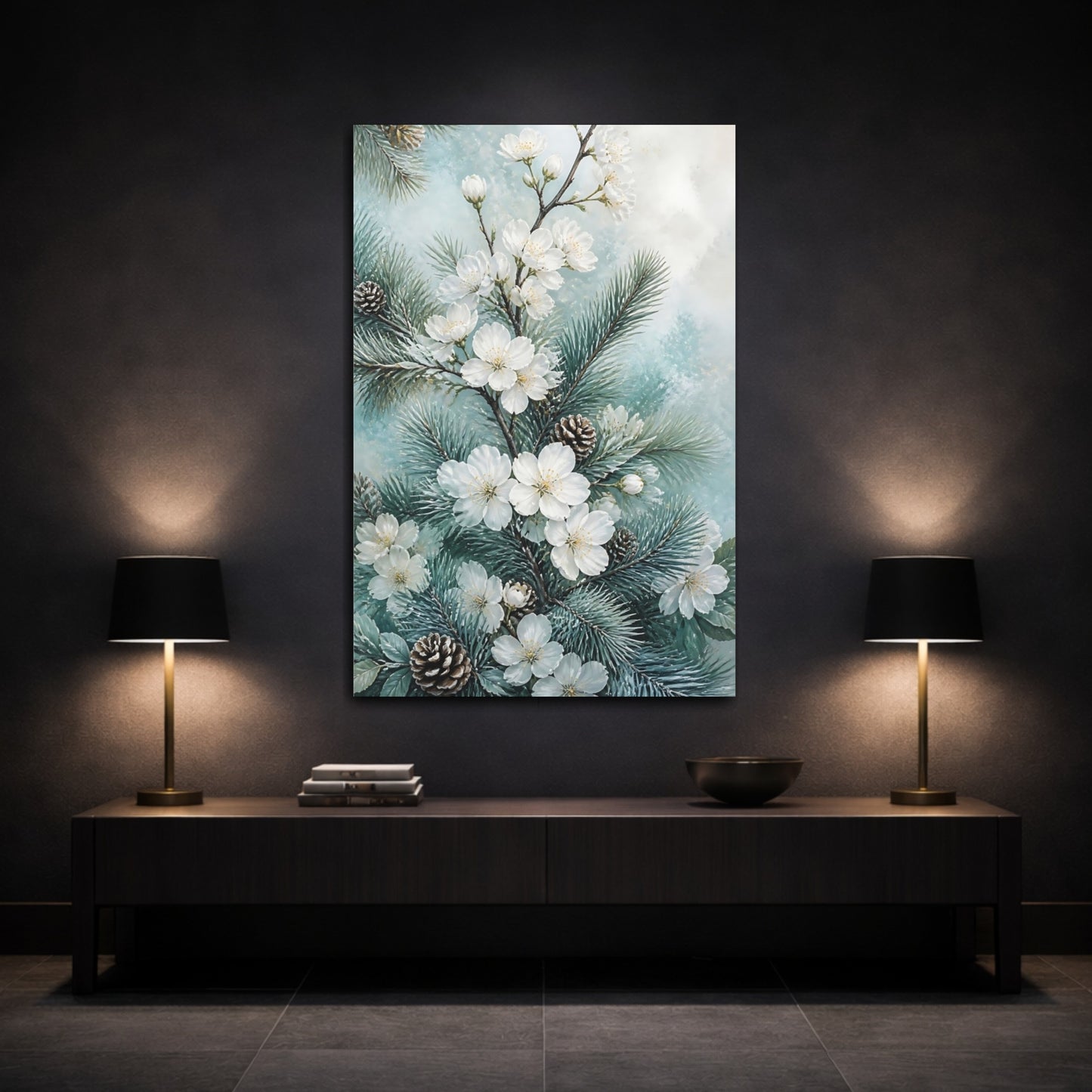 Mockup 3. Winter White Flowers & Pine shown as canvas print