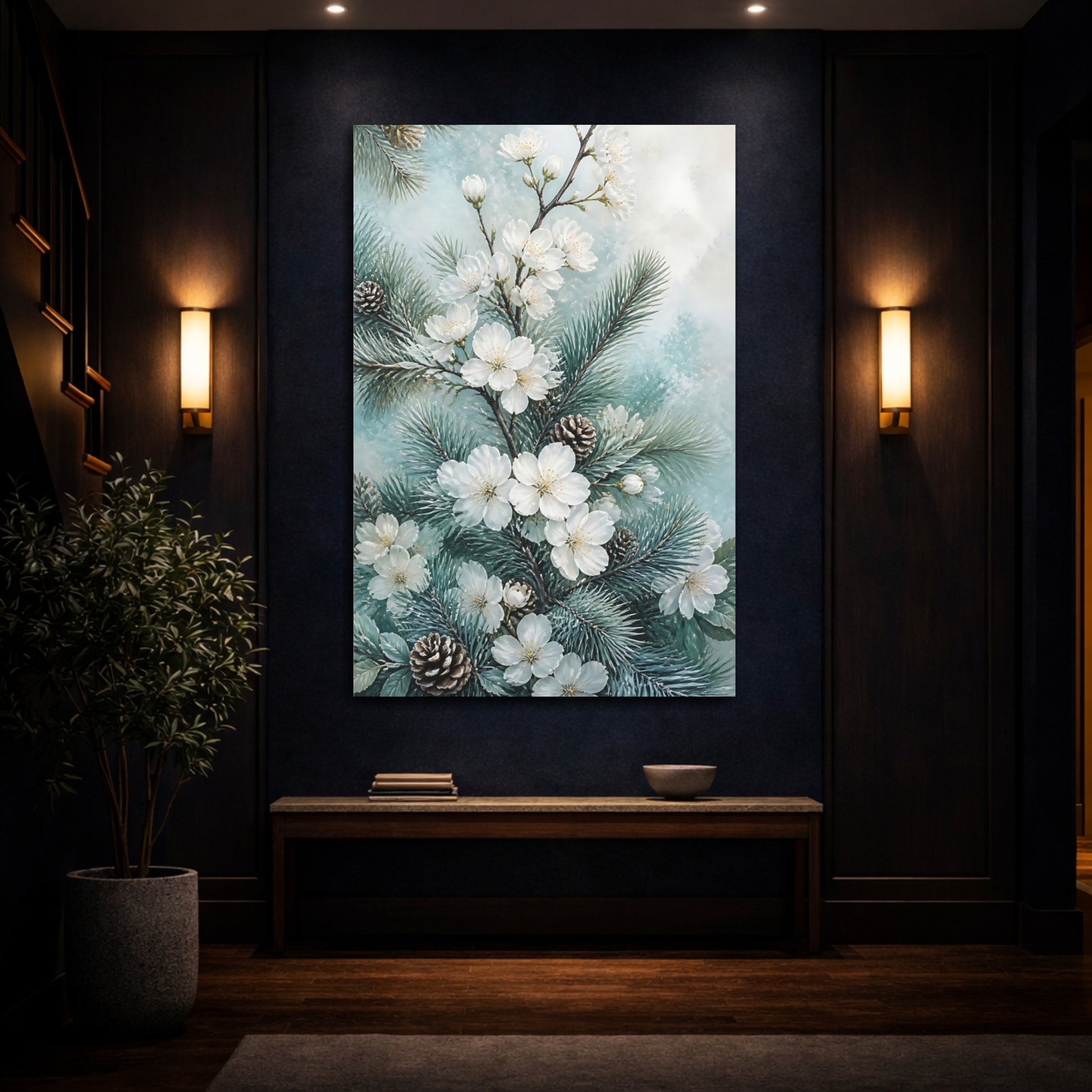 Mockup 4. Winter White Flowers & Pine shown as canvas print