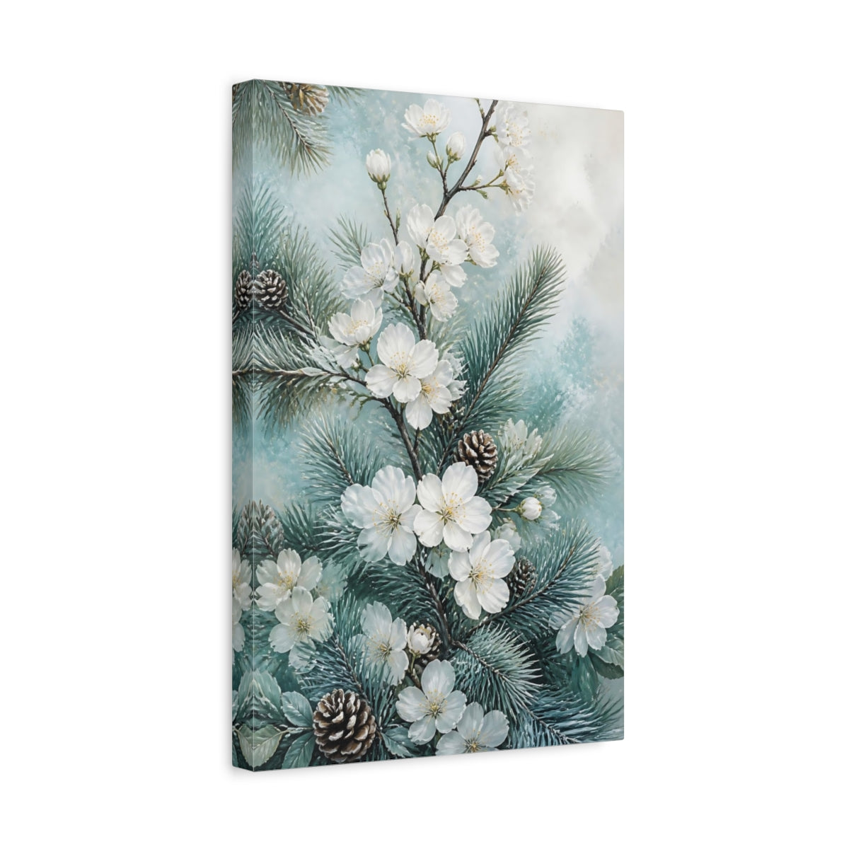 Side Mockup 4. Winter White Flowers & Pine shown as canvas print