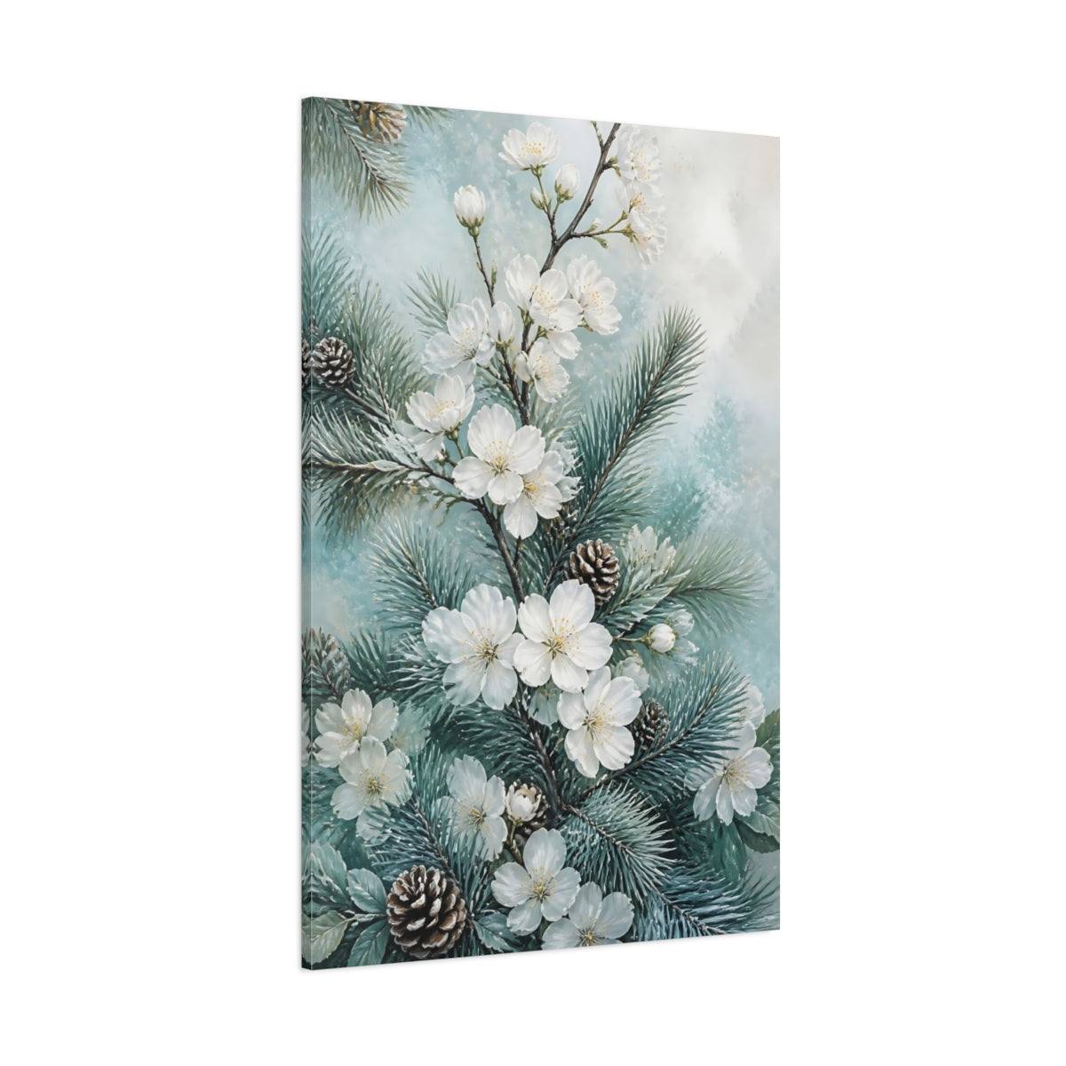 Side Mockup 1. Winter White Flowers & Pine shown as canvas print