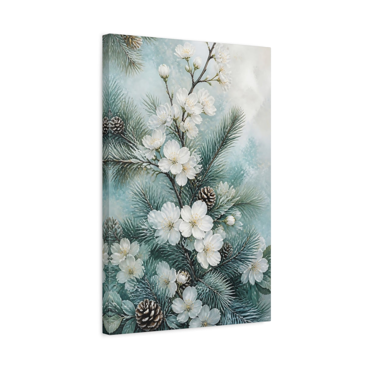 Side Mockup 3. Winter White Flowers & Pine shown as canvas print