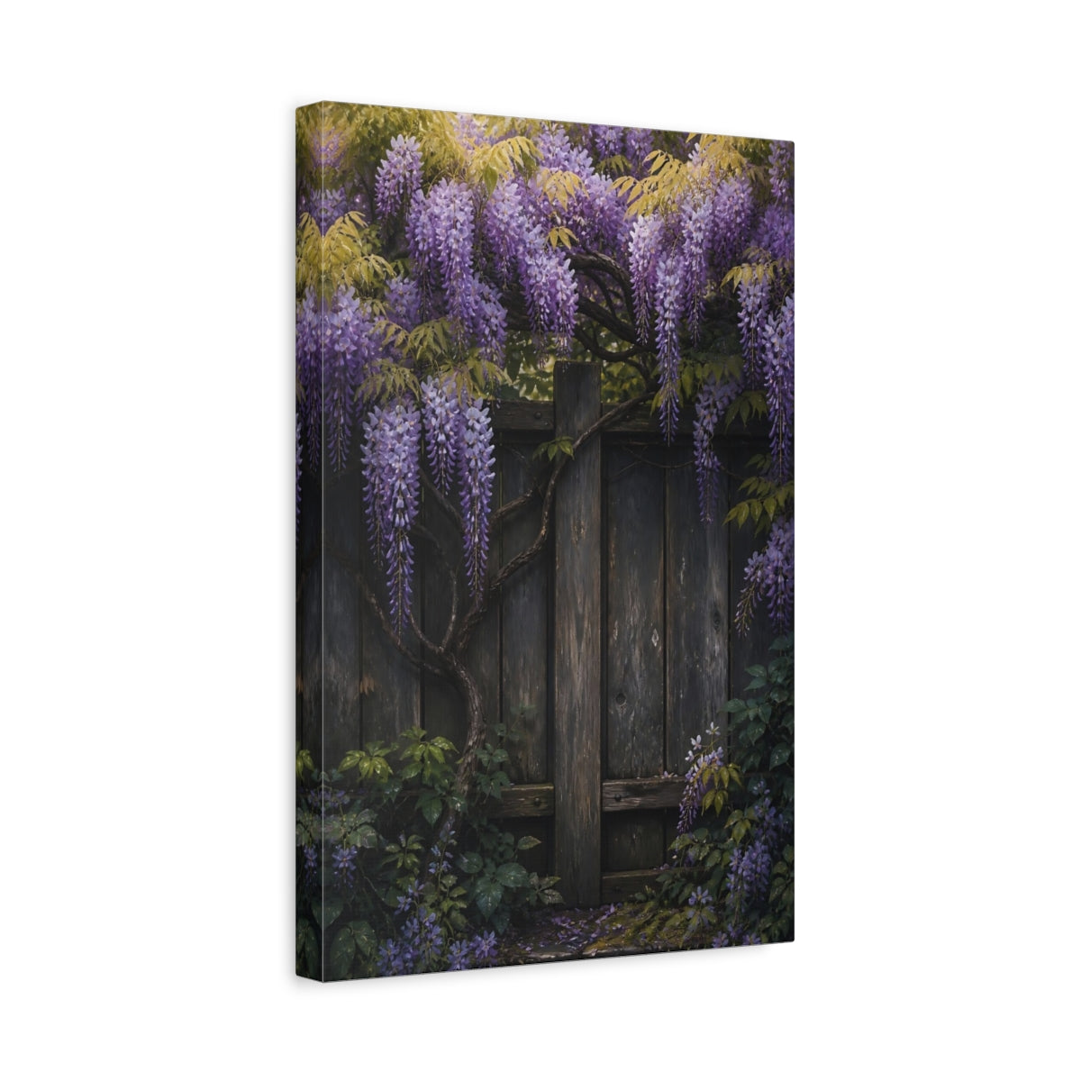 Side Mockup 4. Wisteria On Rustic Fence shown as canvas print